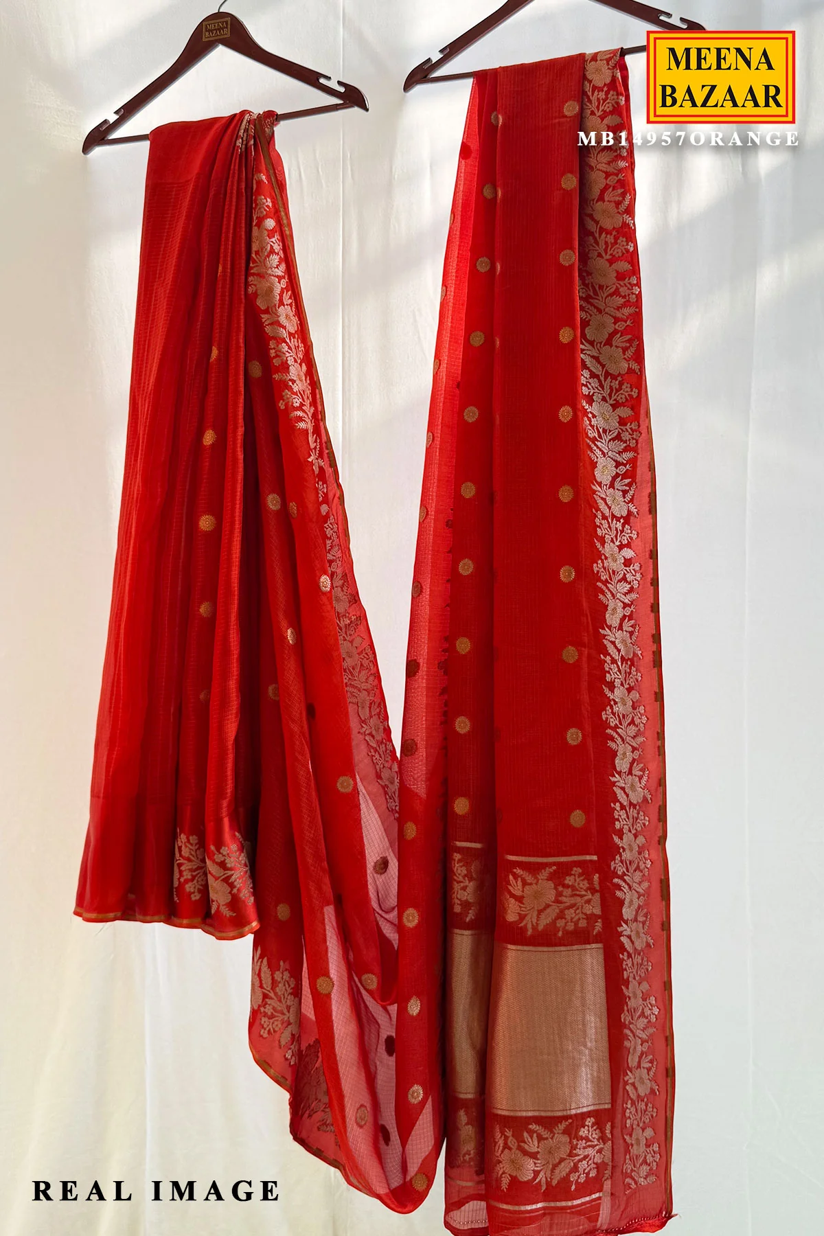 Vibrant Orange Silk Saree with Gold Butti & Floral Zari Border - Image 2