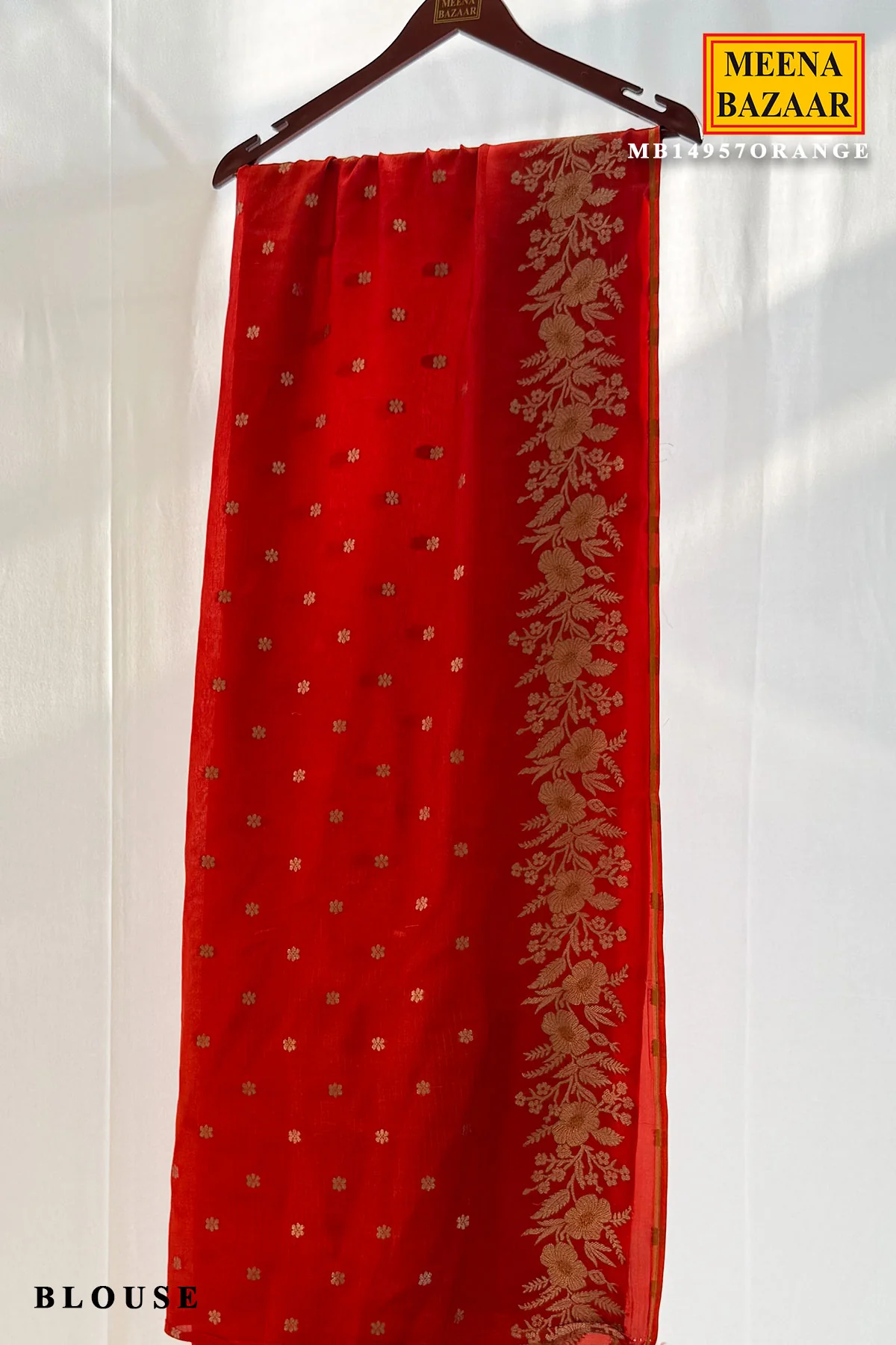 Vibrant Orange Silk Saree with Gold Butti & Floral Zari Border - Image 3