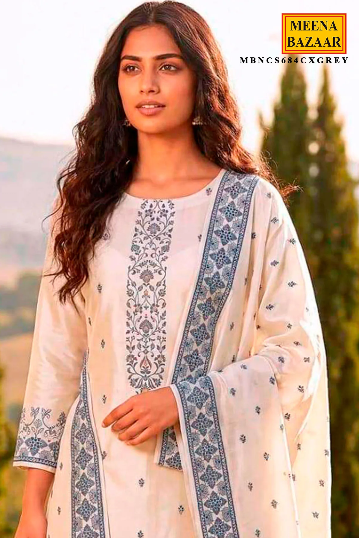 White Cotton Unstitched Suit Set with Grey Prints & Weaving Design - Image 2
