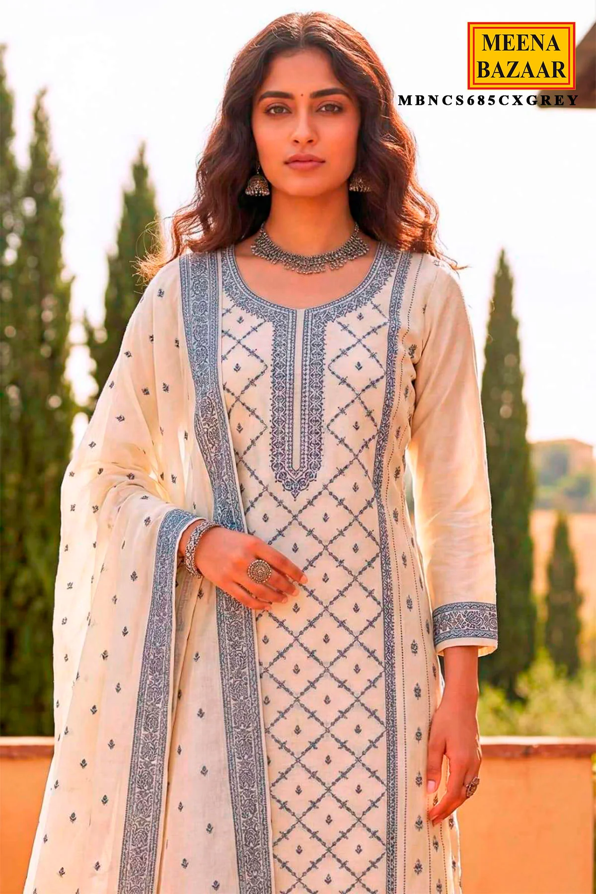 White & Grey Printed Cotton Unstitched Suit with Elegant Weaving Work - Image 2