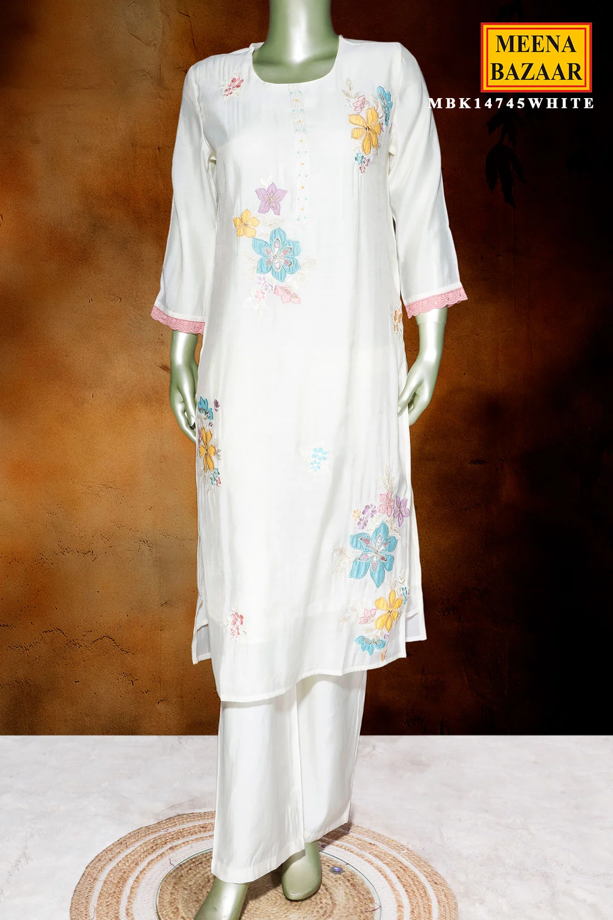 White Maslin Ready-Made Suit with Elegant Neck Embroidery - Image 2