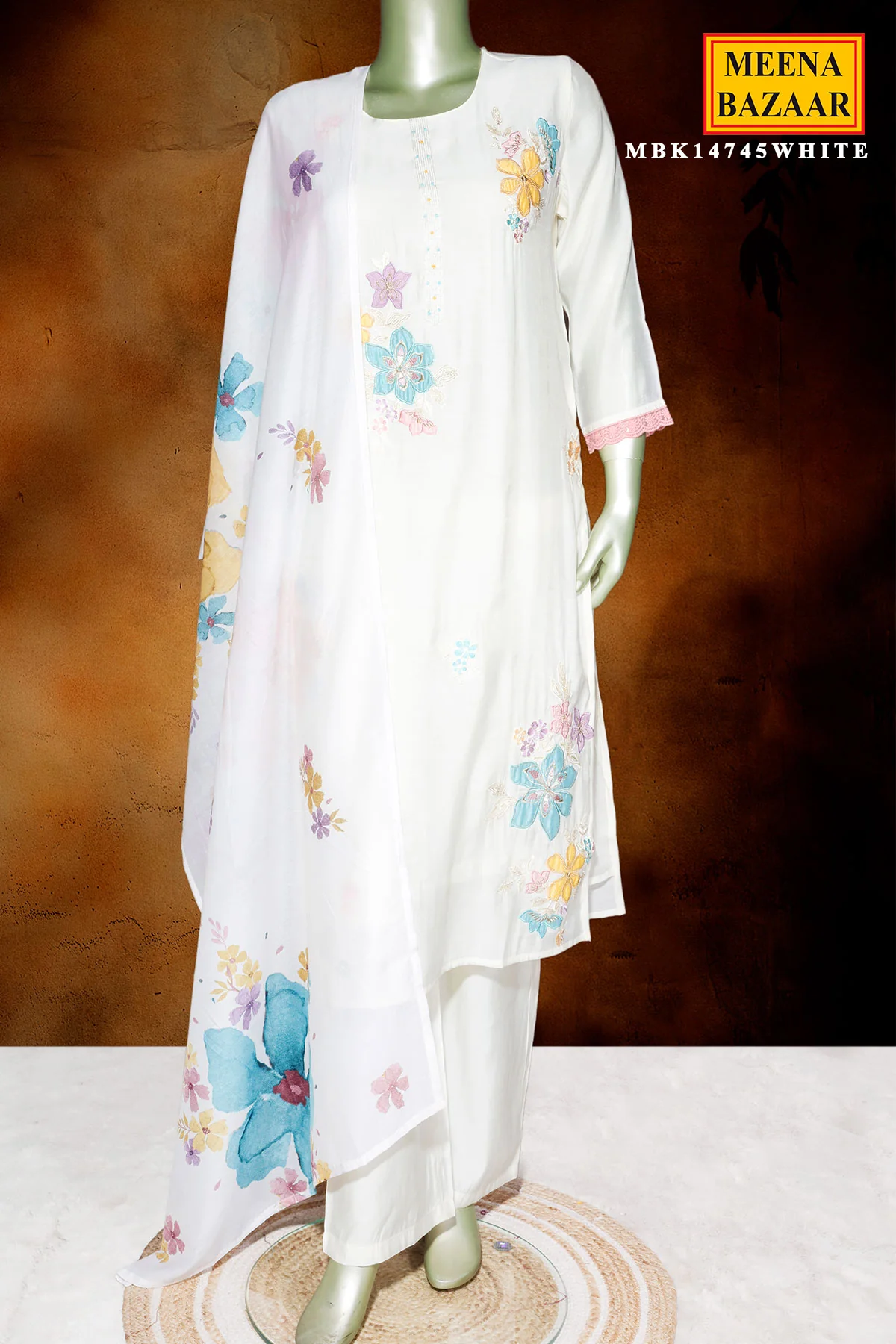 White Maslin Ready-Made Suit with Elegant Neck Embroidery - Image 3
