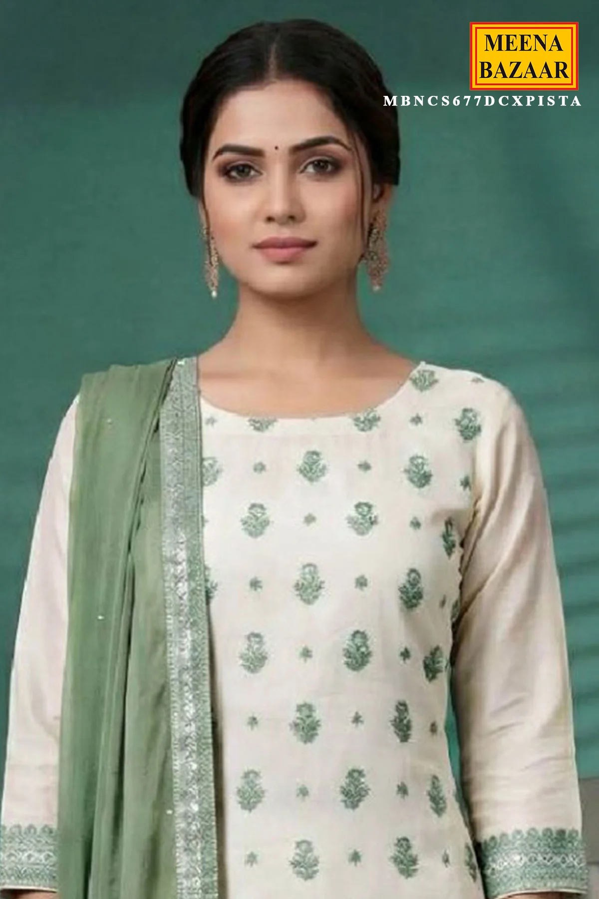 White & Pista Printed Silk Embroidered Unstitched Suit Set - Image 2