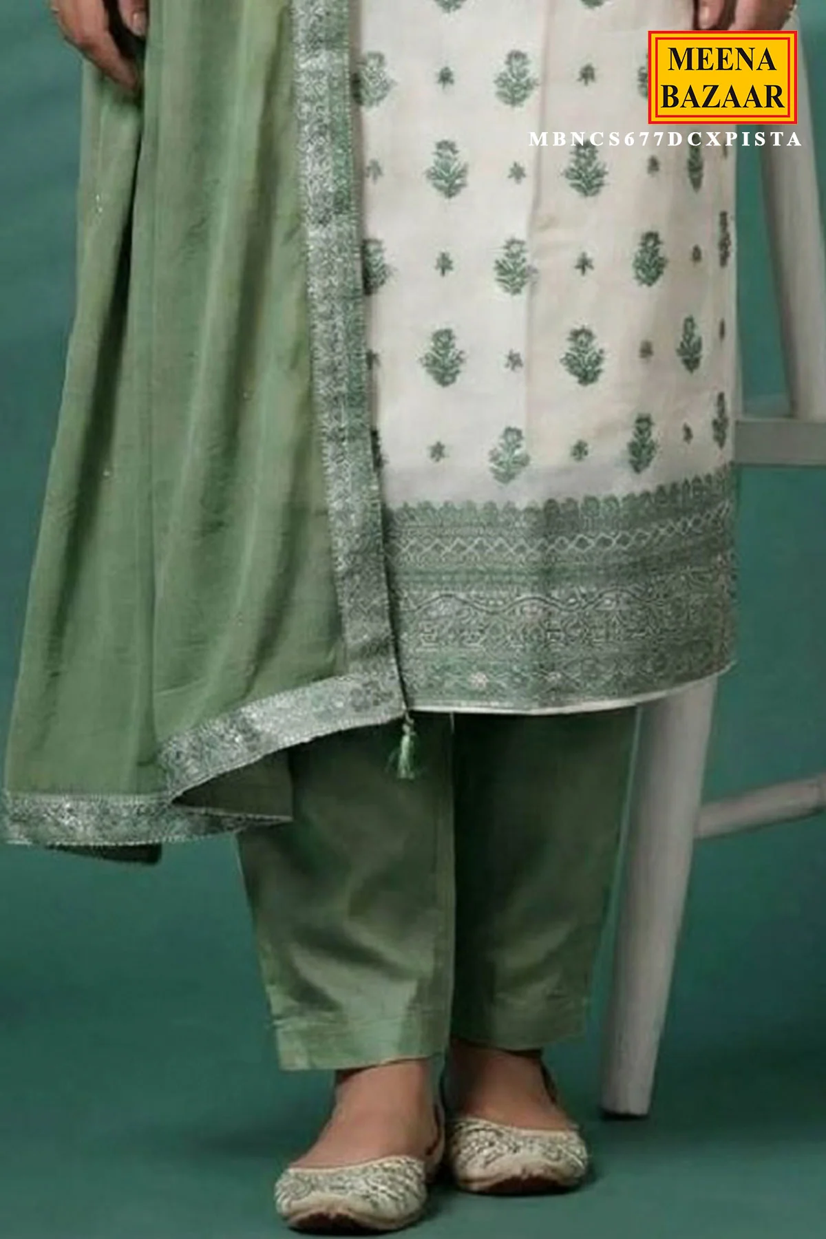 White & Pista Printed Silk Embroidered Unstitched Suit Set - Image 3