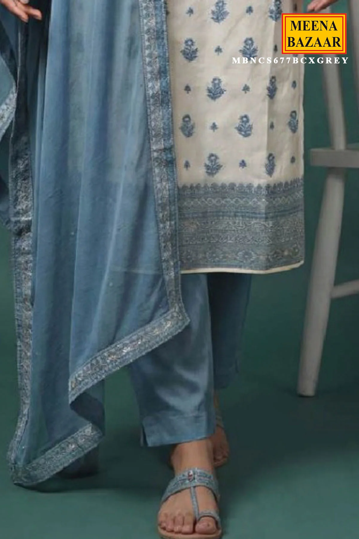 White Silk Embroidered Unstitched Suit Set with Grey Prints - Image 3