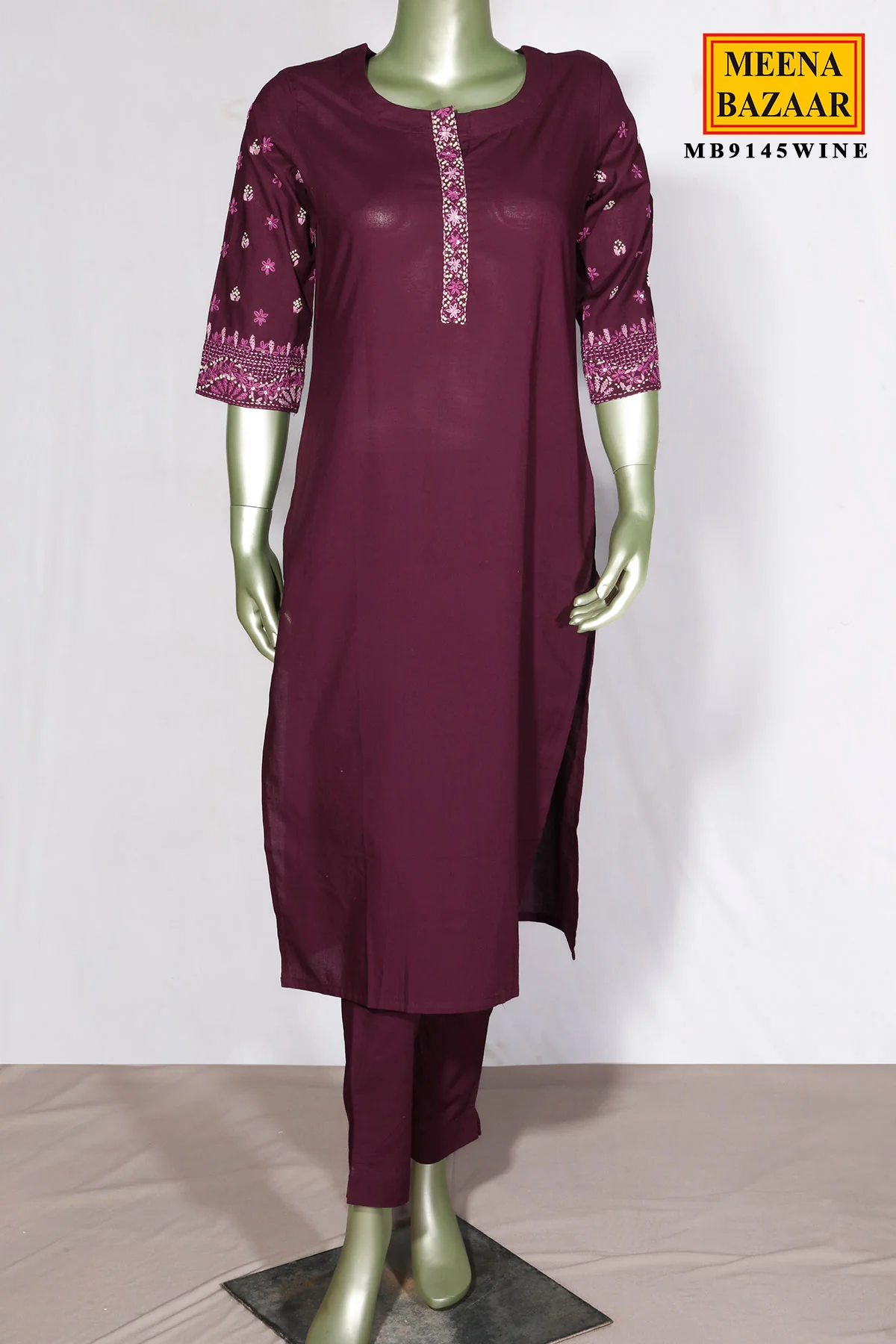 Wine Cotton Neck Embroidered Suit - Image 3