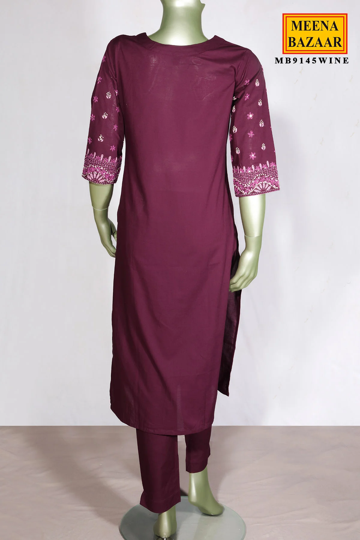 Wine Cotton Neck Embroidered Suit - Image 4