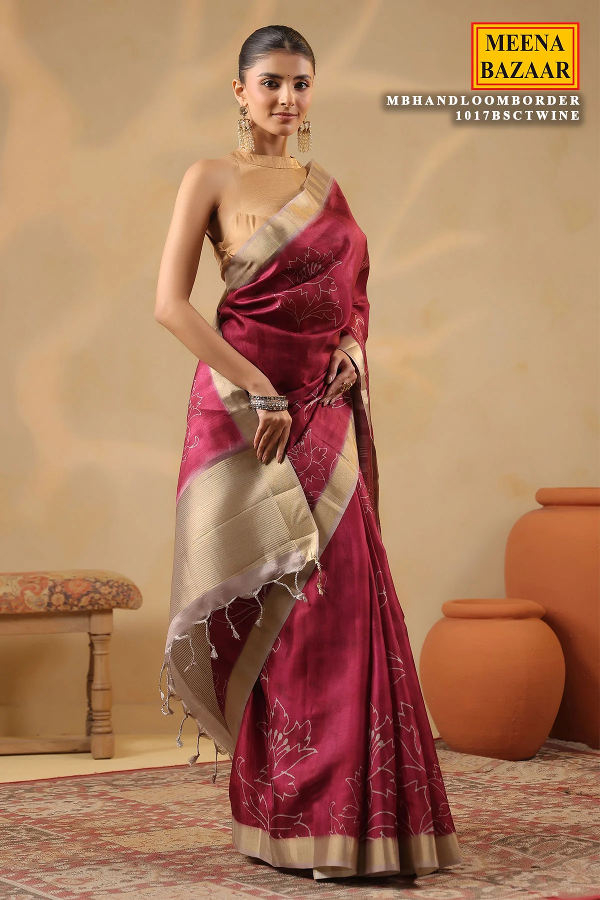 Wine Cotton Weaving Saree Elegant Handloom Style - Image 11