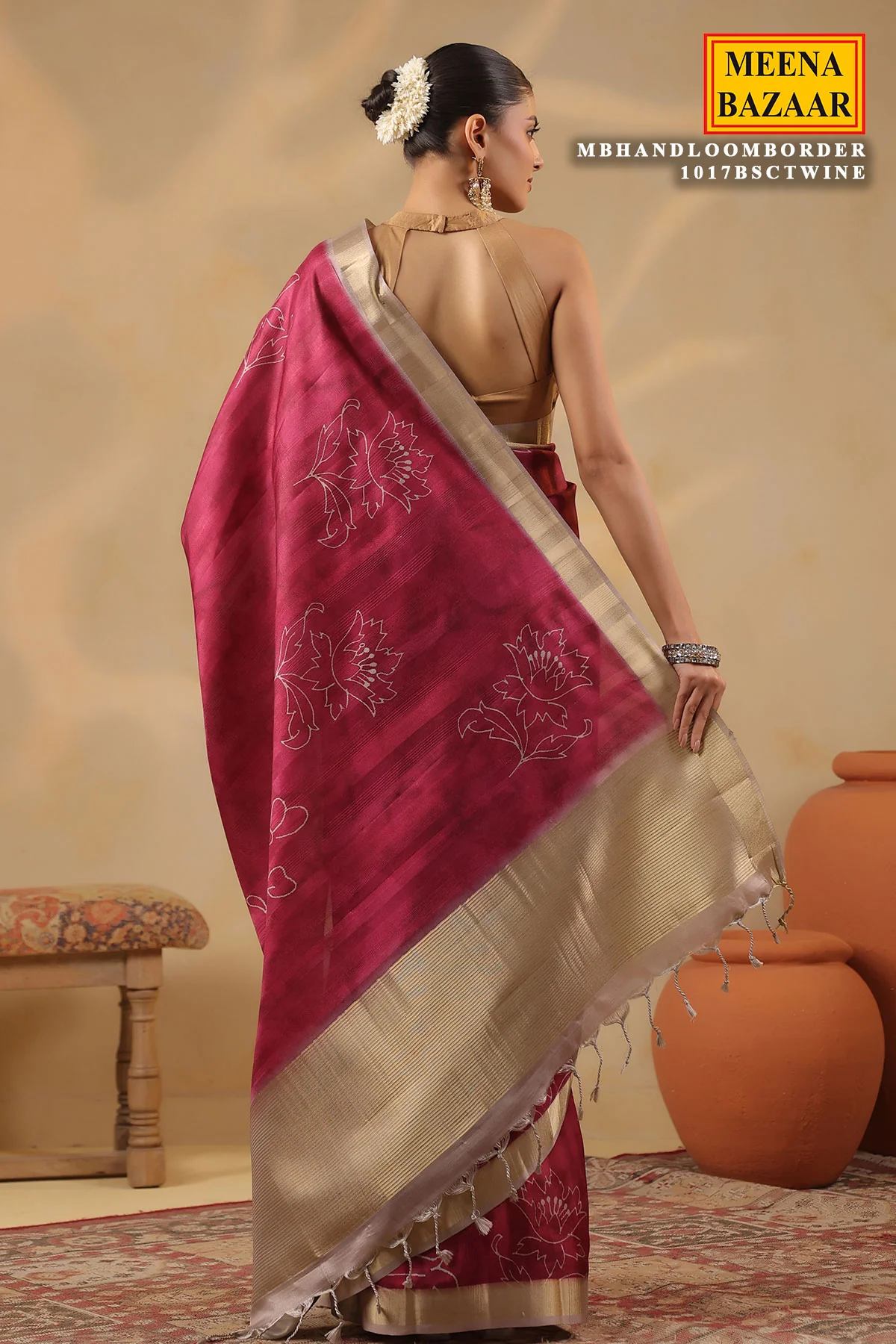 Wine Cotton Weaving Saree Elegant Handloom Style - Image 3