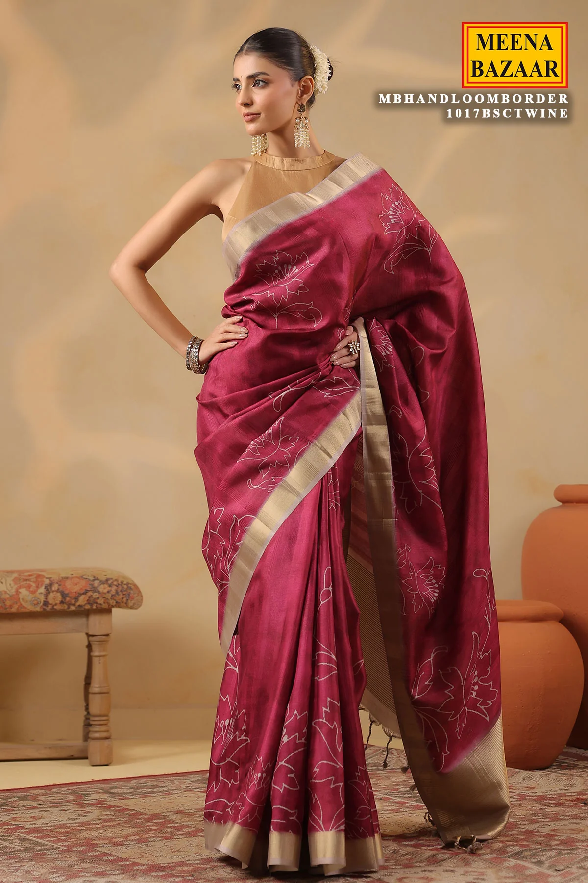 Wine Cotton Weaving Saree Elegant Handloom Style - Image 4