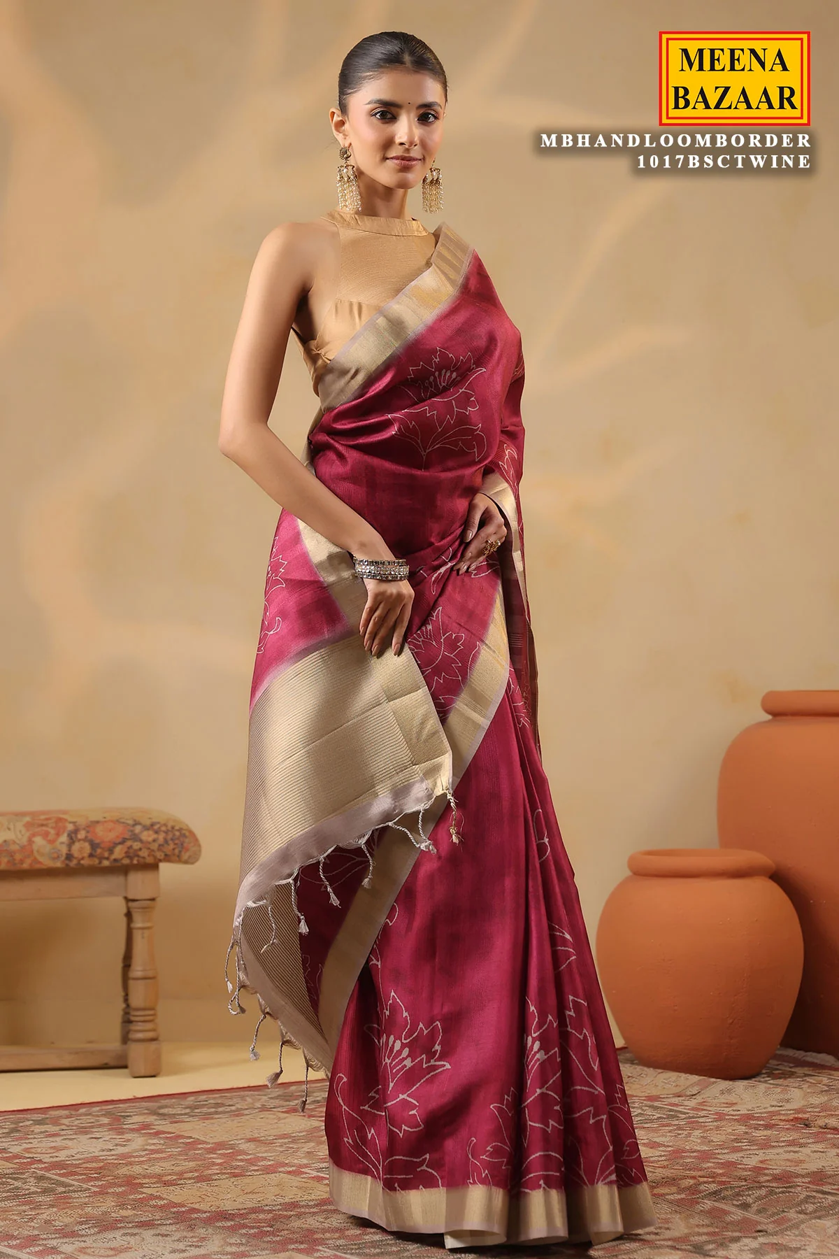 Wine Cotton Weaving Saree Elegant Handloom Style - Image 5