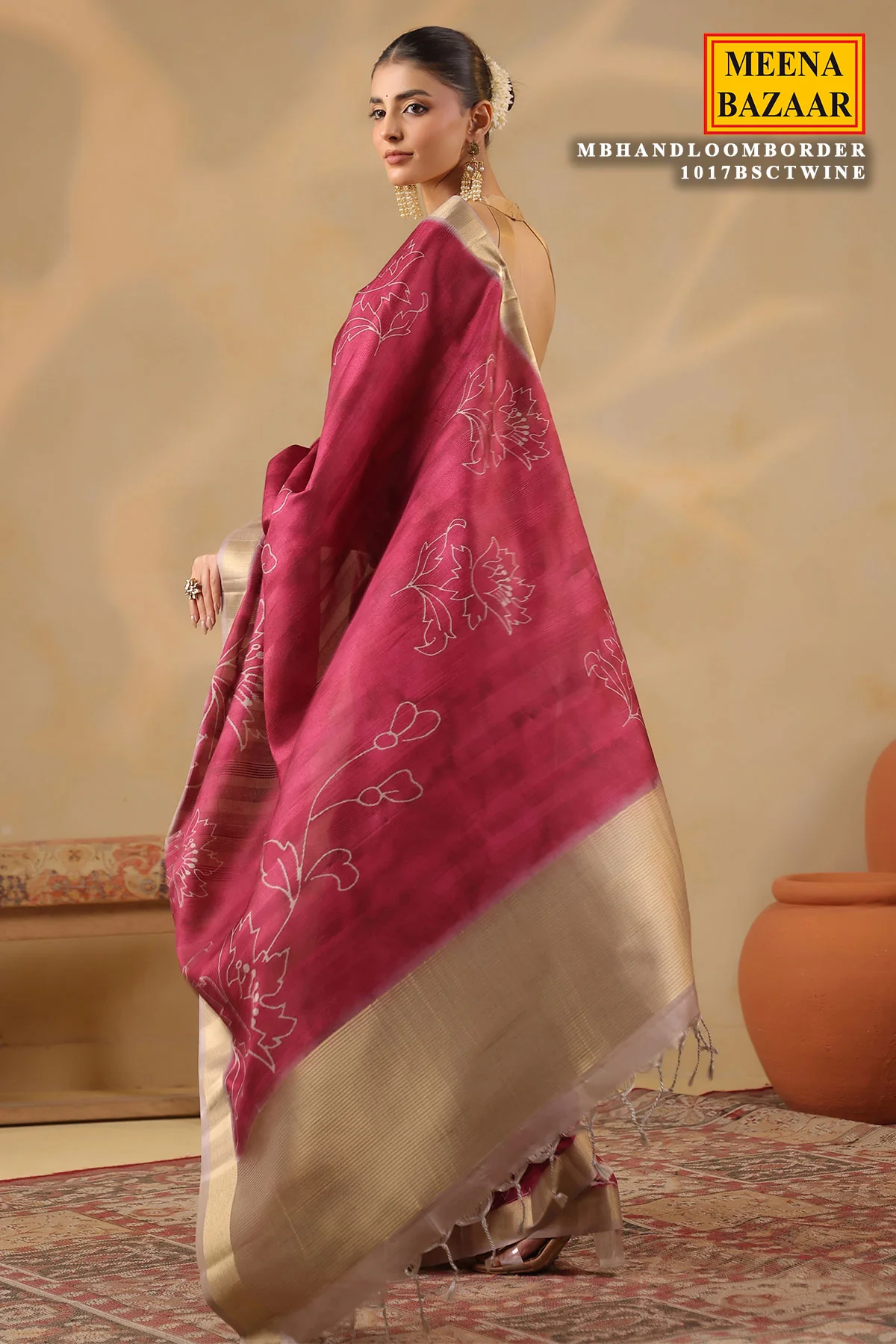 Wine Cotton Weaving Saree Elegant Handloom Style - Image 6