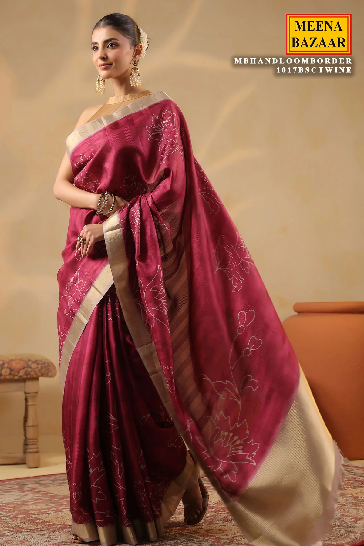 Wine Cotton Weaving Saree Elegant Handloom Style - Image 7