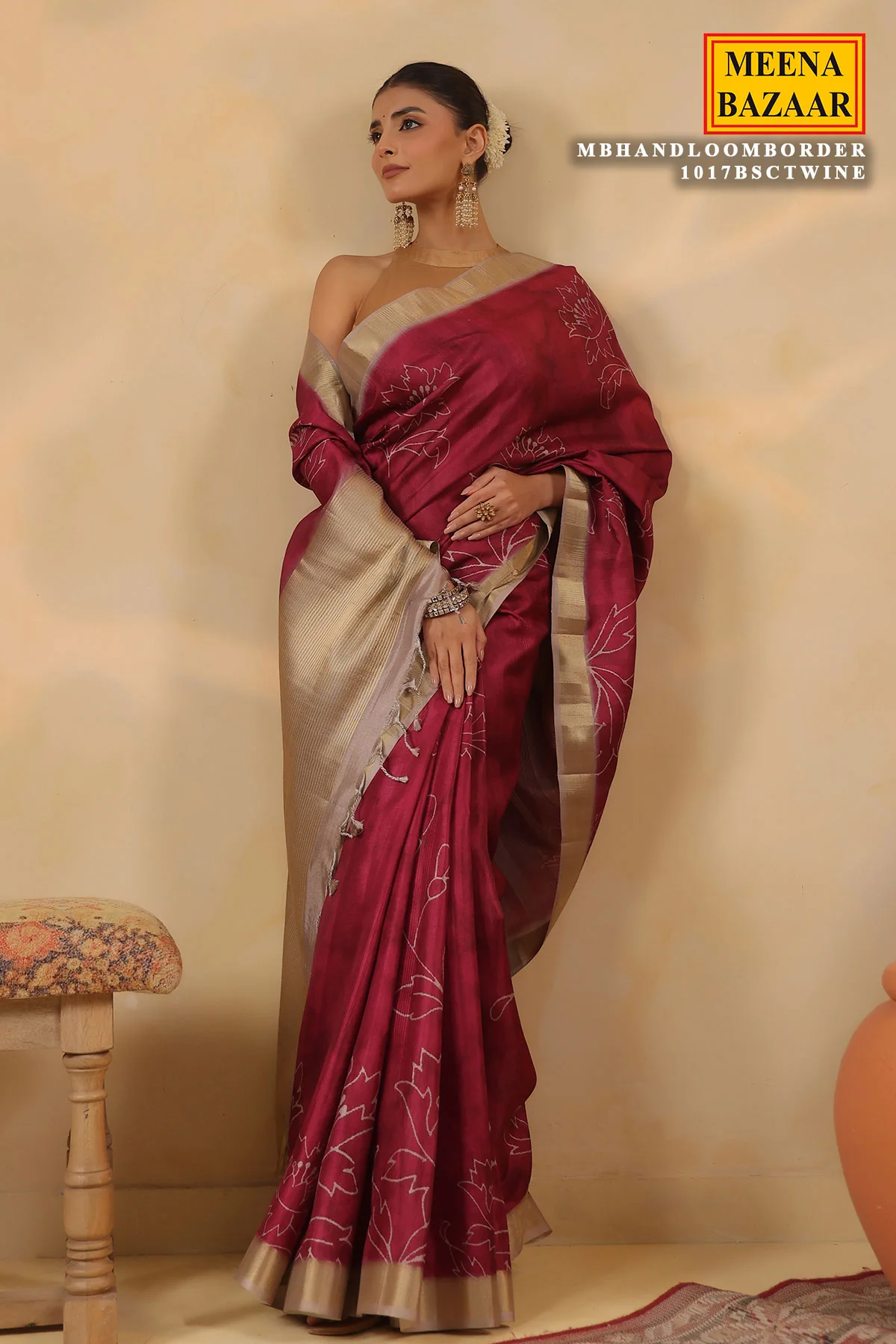 Wine Cotton Weaving Saree Elegant Handloom Style - Image 8