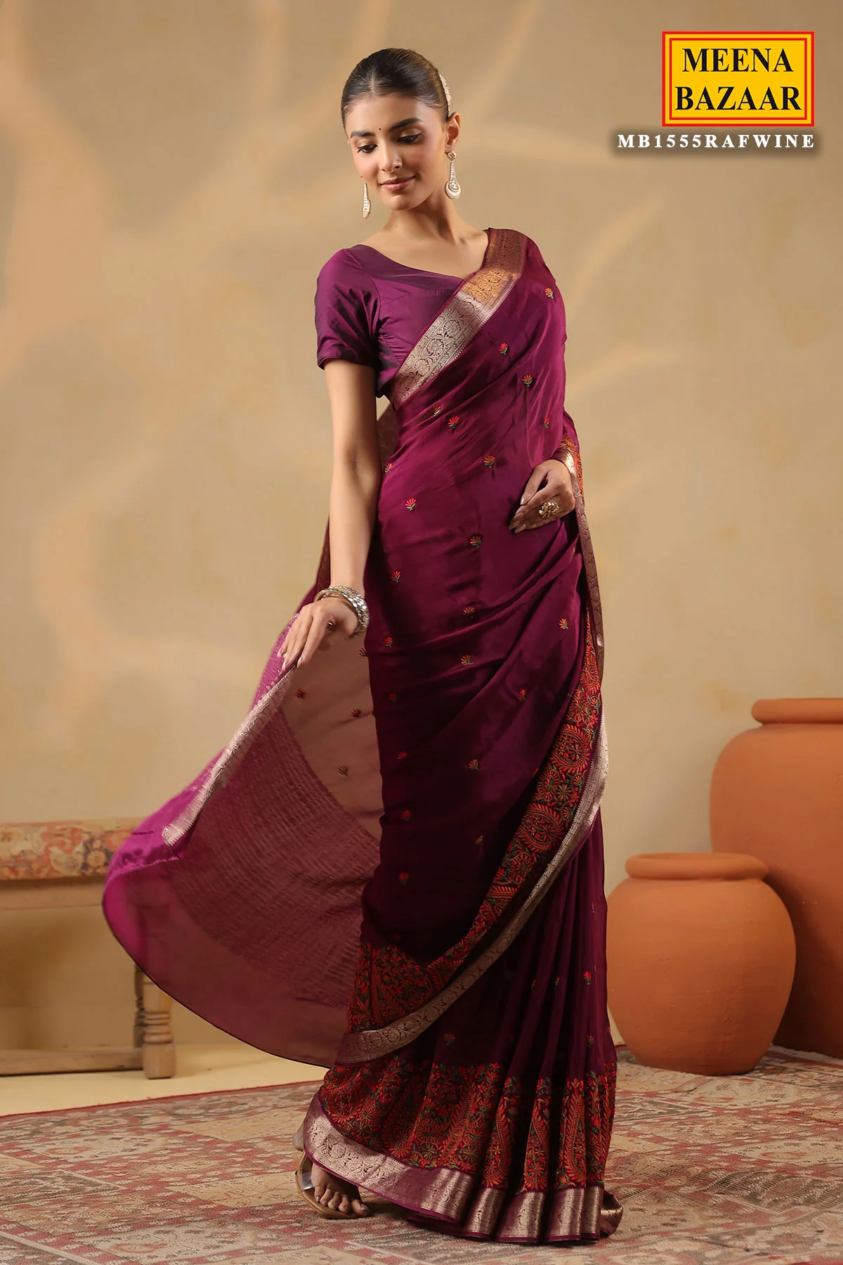 Wine Crepe Embroidered Saree Elegant Party & Festive Wear - Image 2