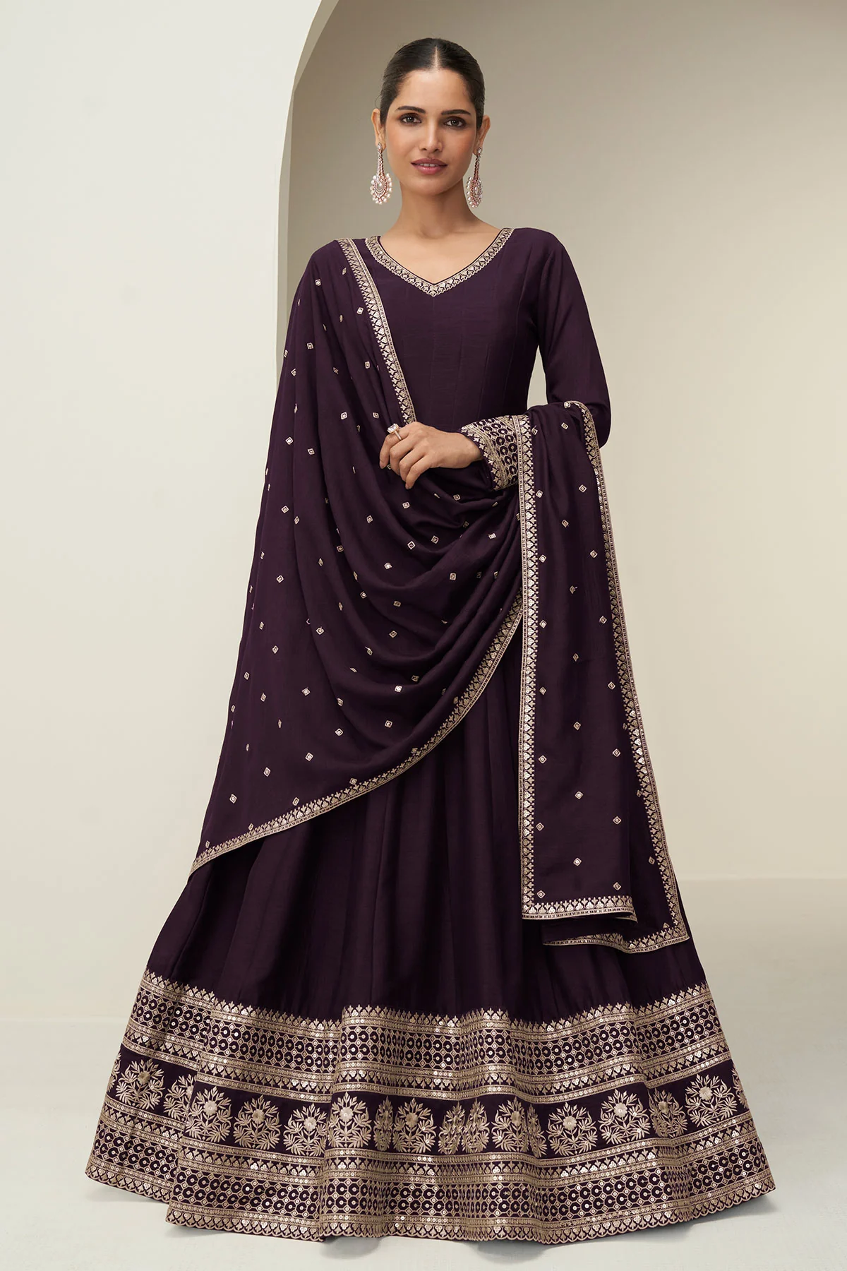 Wine Embroidered Anarkali with Dupatta Suit Elegant Festive & Ethnic Wear