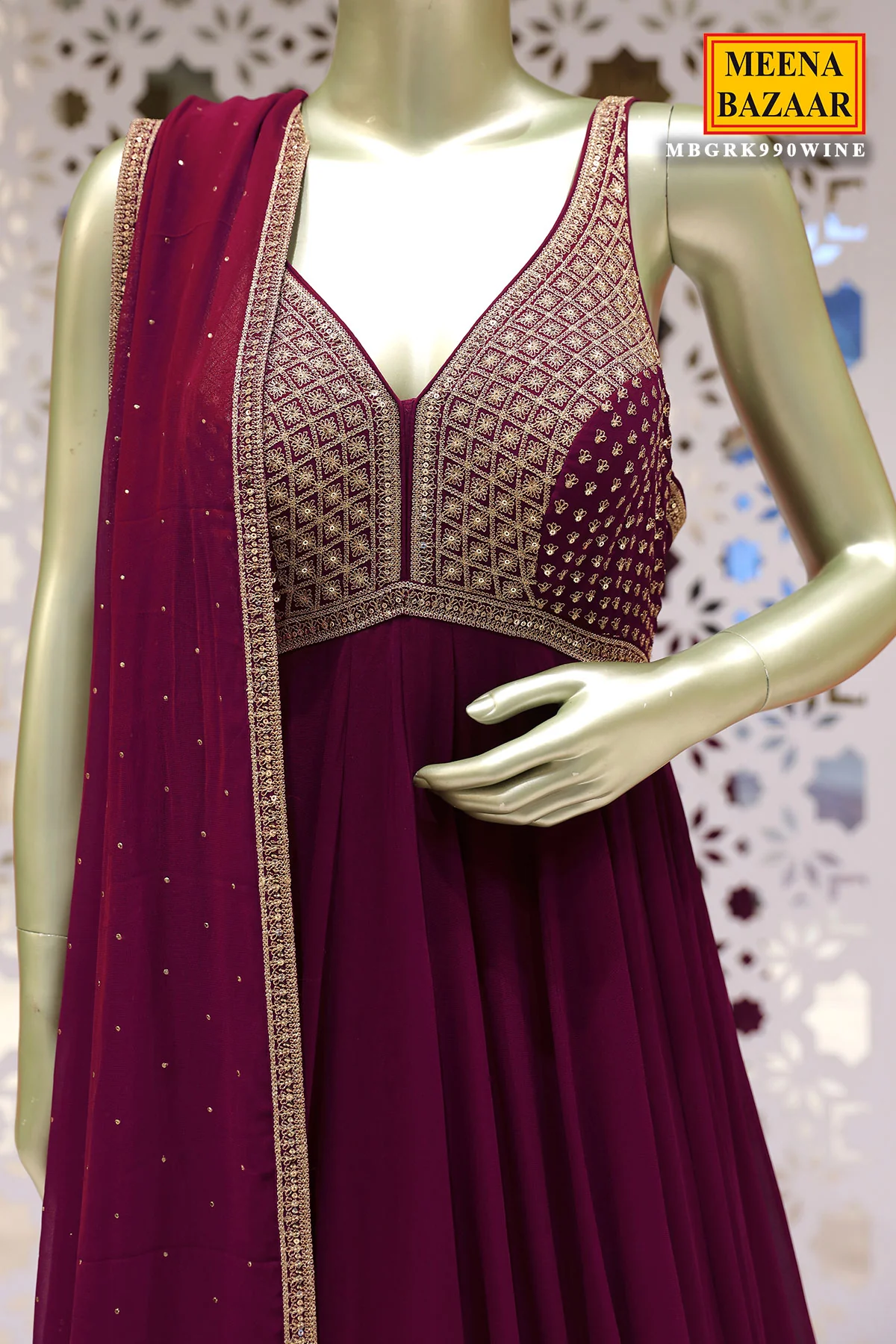 Wine Embroidered Georgette Anarkali Suit - Image 2