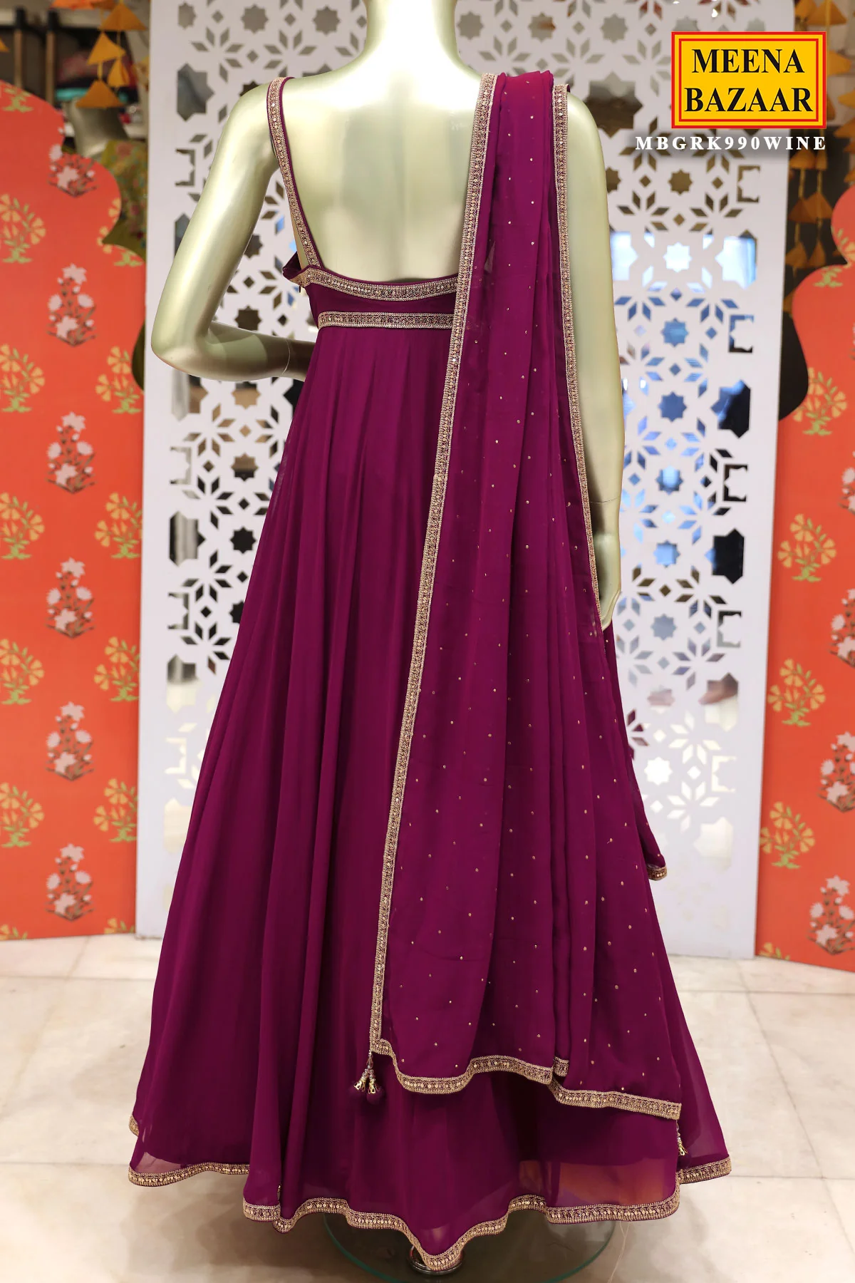 Wine Embroidered Georgette Anarkali Suit - Image 3