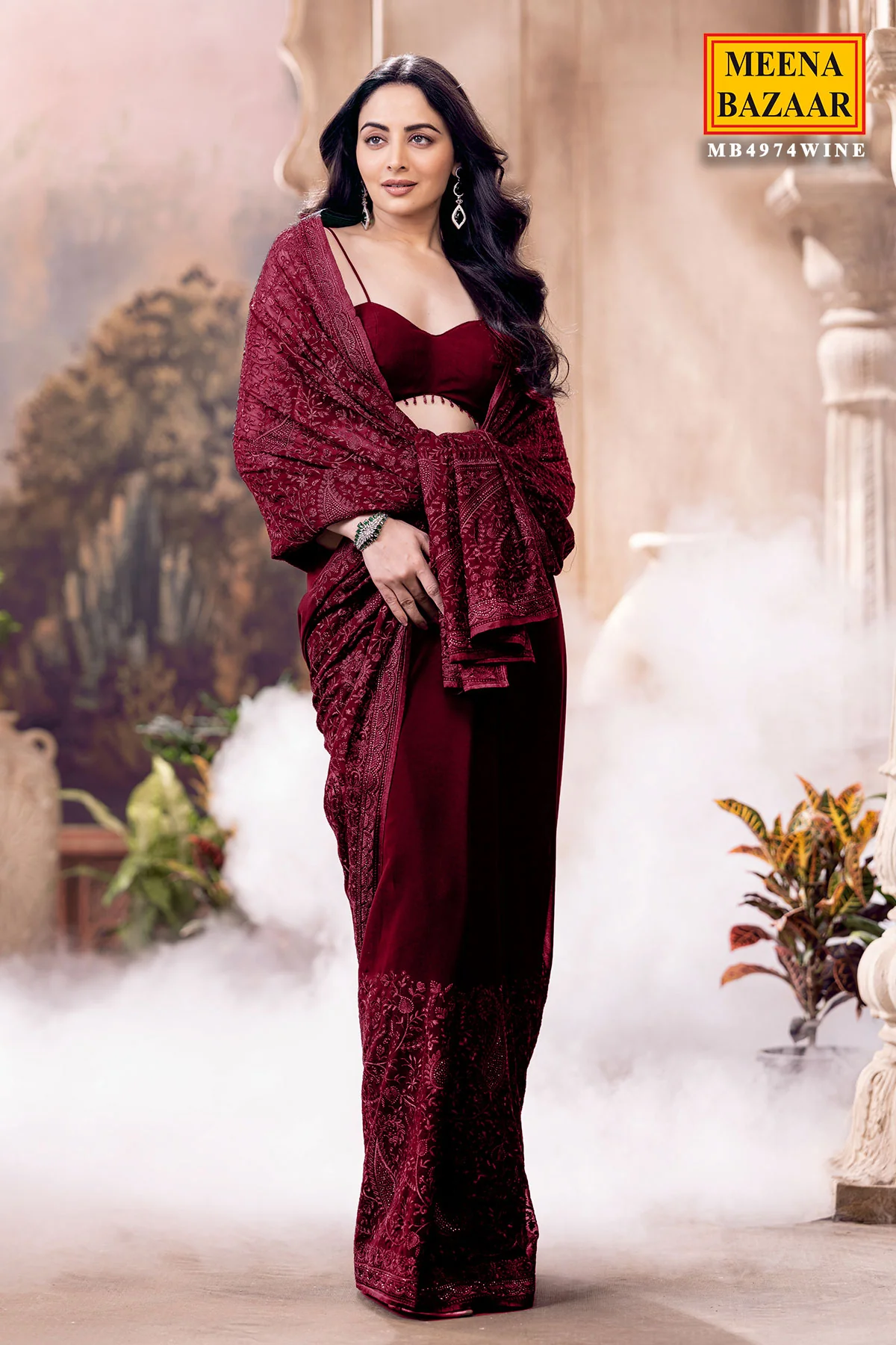 Wine Embroidered Georgette Saree Elegant Party Wear Saree - Image 3