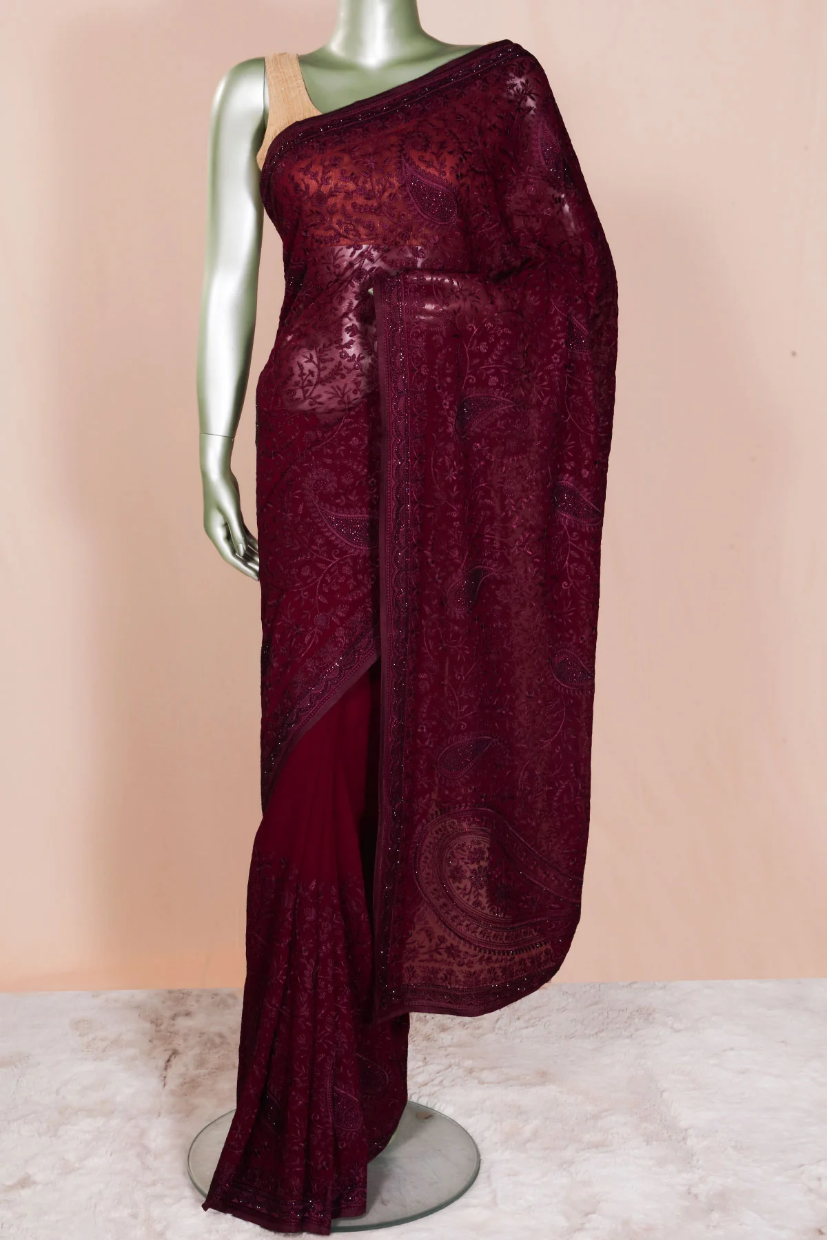 Wine Embroidered Georgette Saree Elegant Party Wear Saree - Image 4