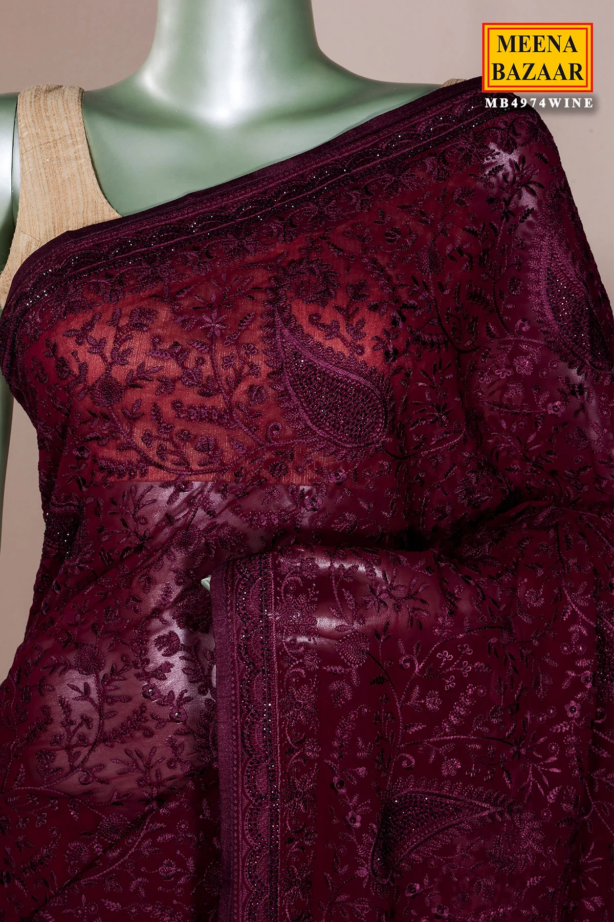 Wine Embroidered Georgette Saree Elegant Party Wear Saree - Image 5