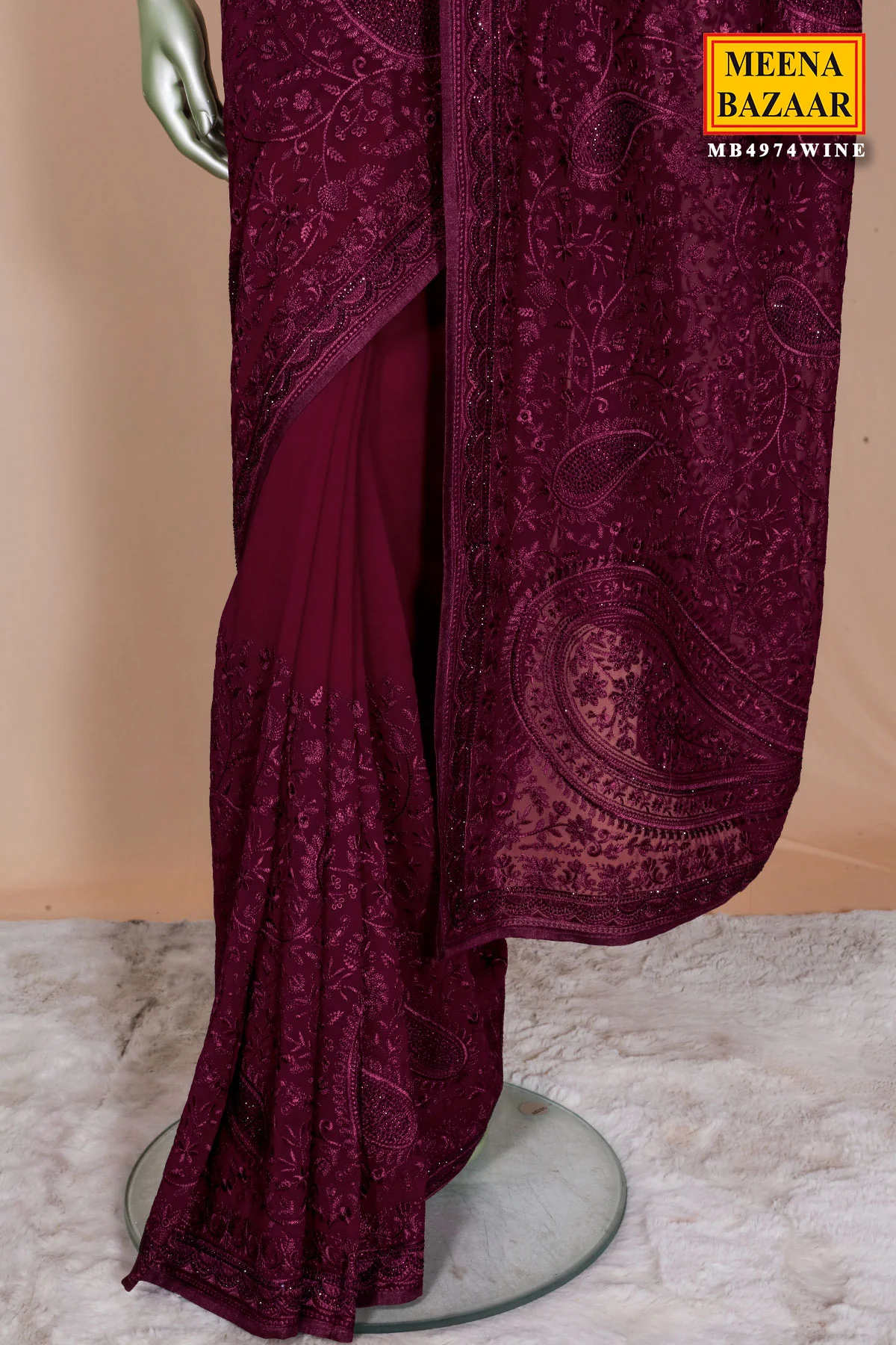 Wine Embroidered Georgette Saree Elegant Party Wear Saree - Image 6