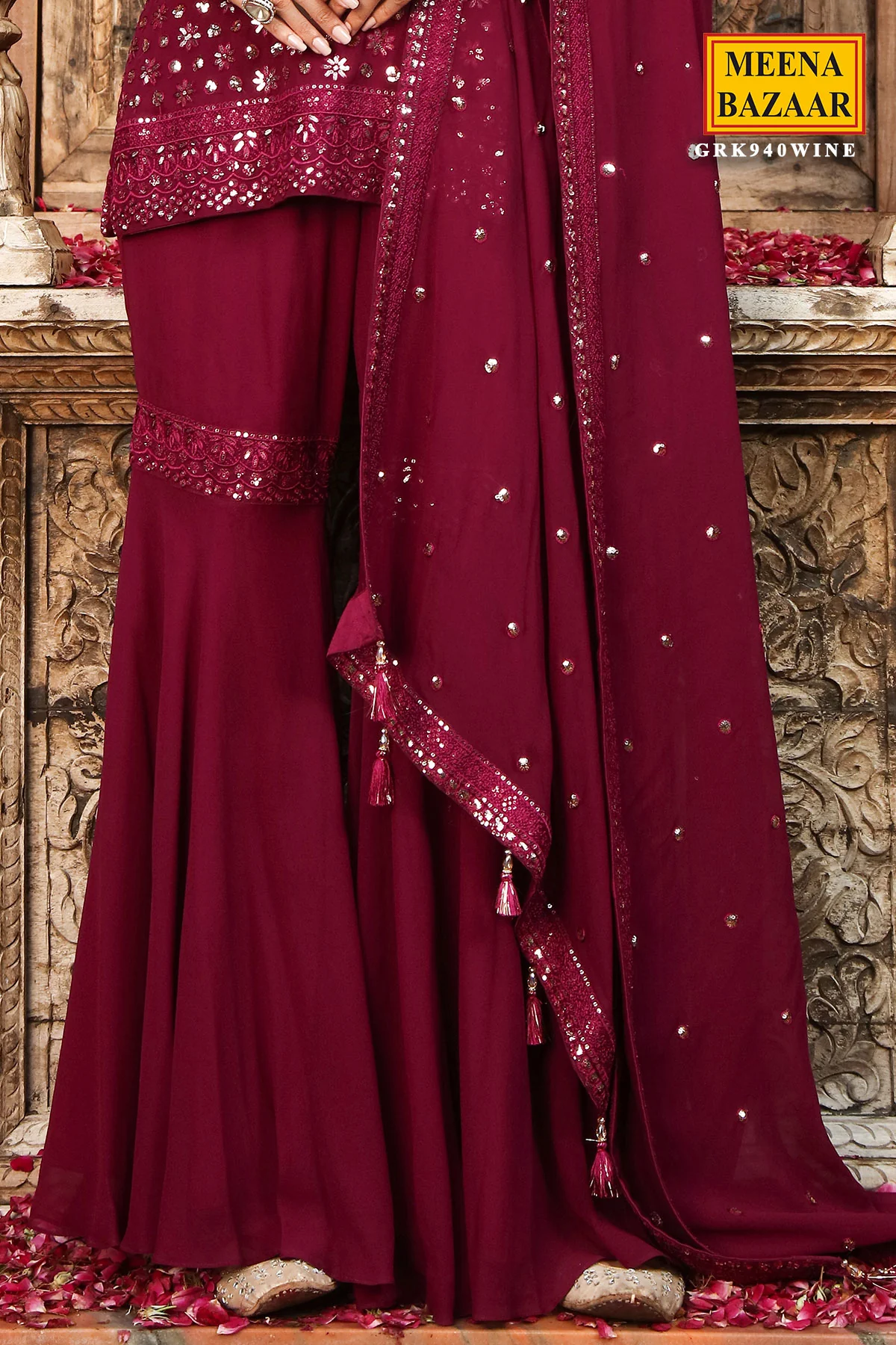 Wine Georgette Embroidered Sharara Suit - Image 3
