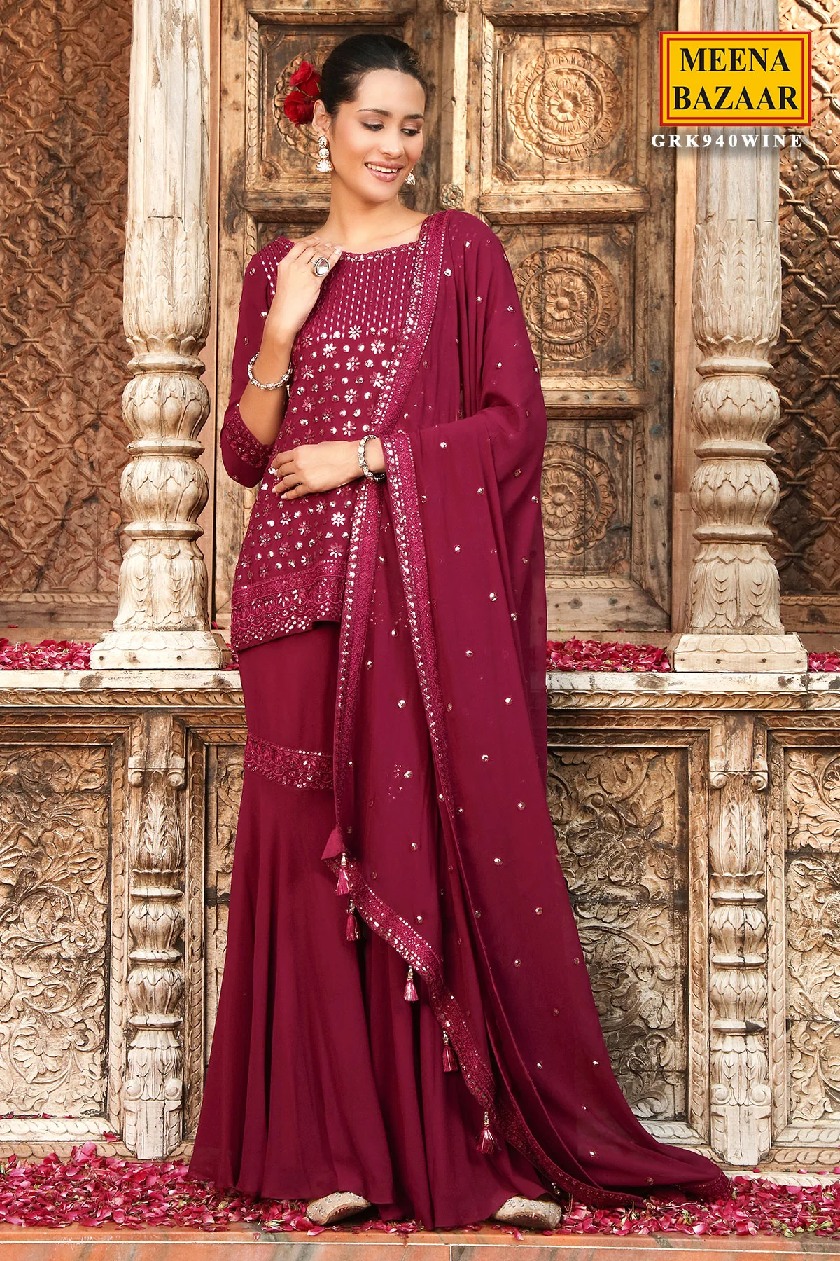 Wine Georgette Embroidered Sharara Suit - Image 4