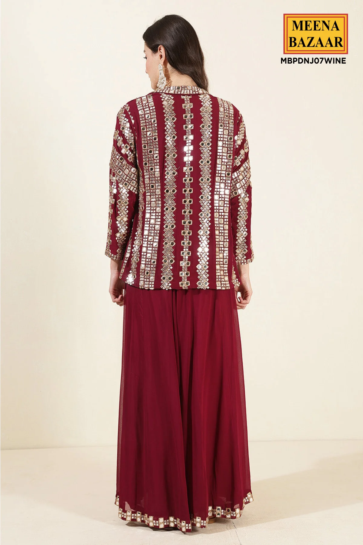 Wine Georgette Mirror Work Embroidered Crop Top Jacket Palazzo 3-Pc Set - Image 3