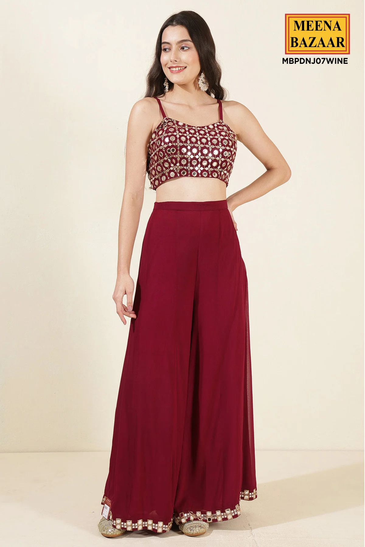 Wine Georgette Mirror Work Embroidered Crop Top Jacket Palazzo 3-Pc Set - Image 4