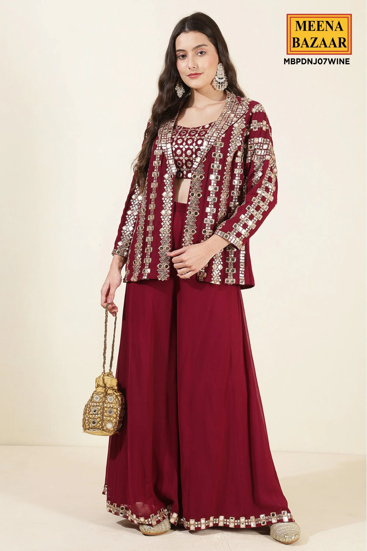 Wine Georgette Mirror Work Embroidered Crop Top Jacket Palazzo 3-Pc Set - Image 5