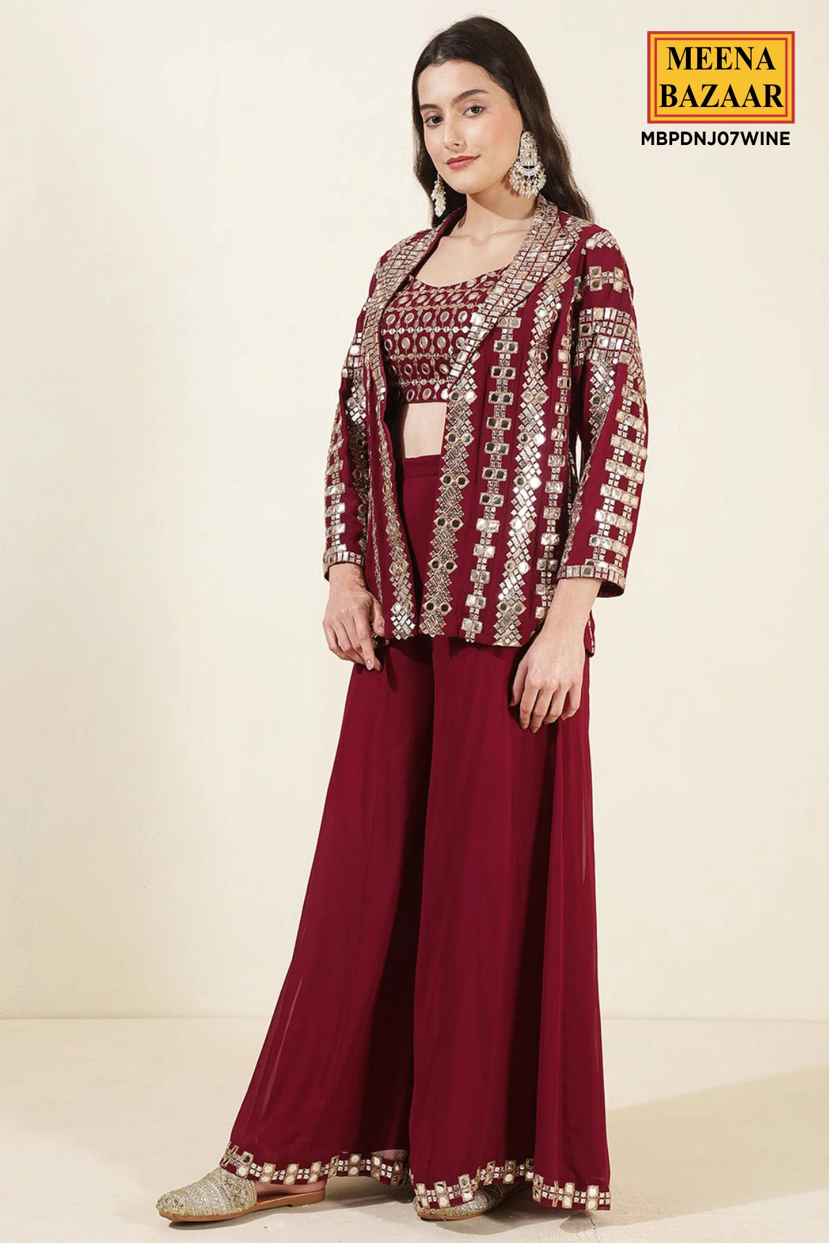 Wine Georgette Mirror Work Embroidered Crop Top Jacket Palazzo 3-Pc Set - Image 6