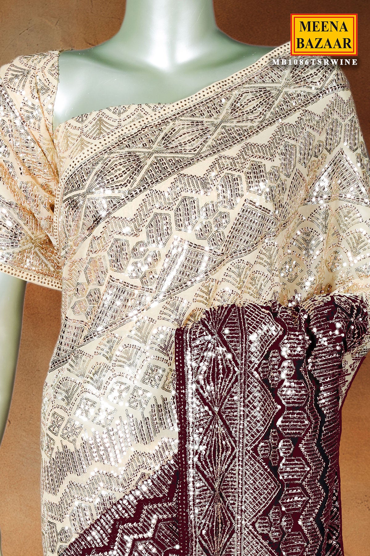 Wine Georgette Sequin Embroidered Saree - Image 2