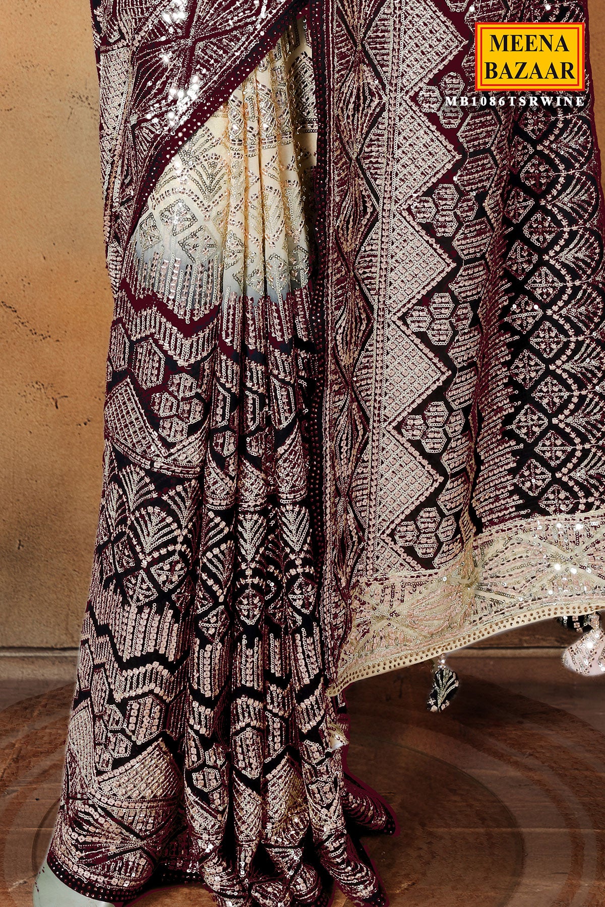 Wine Georgette Sequin Embroidered Saree - Image 3