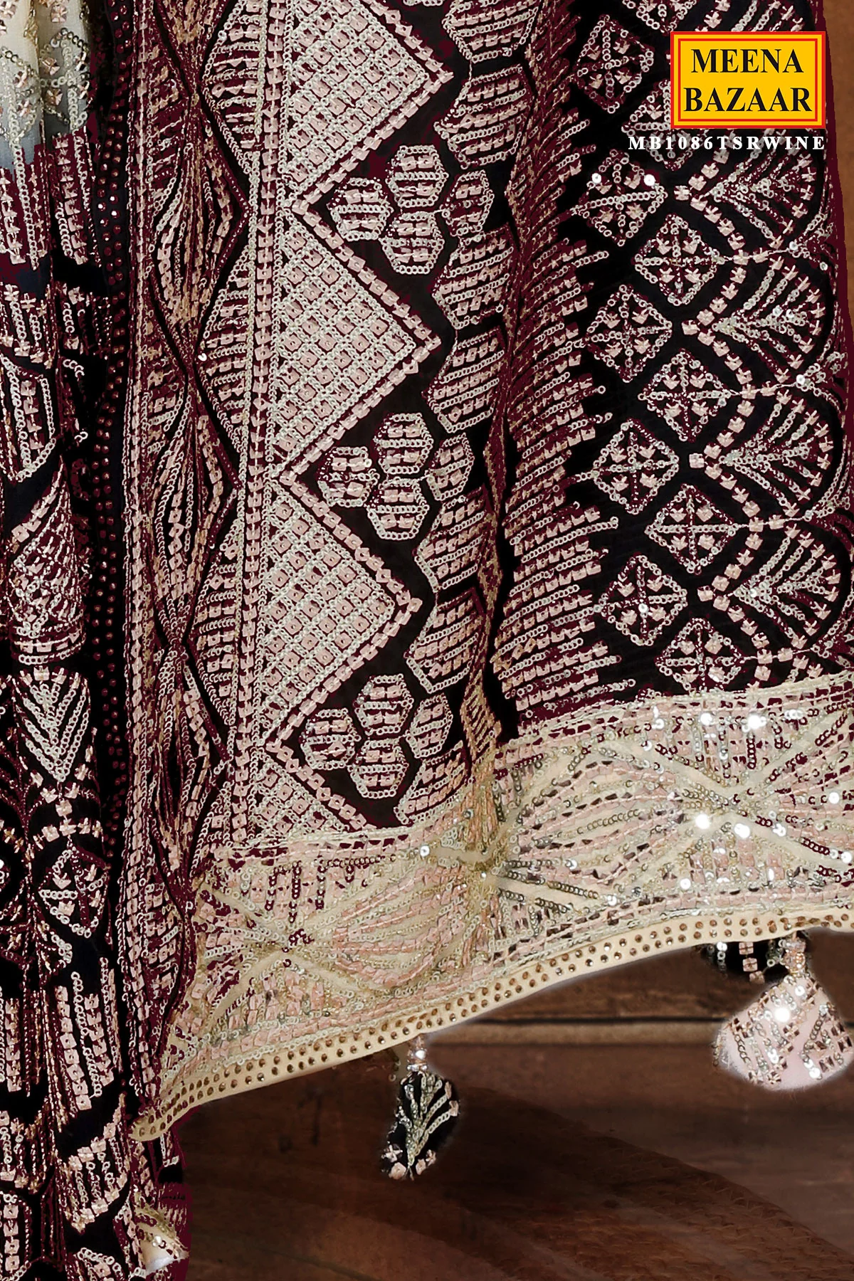 Wine Georgette Sequin Embroidered Saree - Image 5