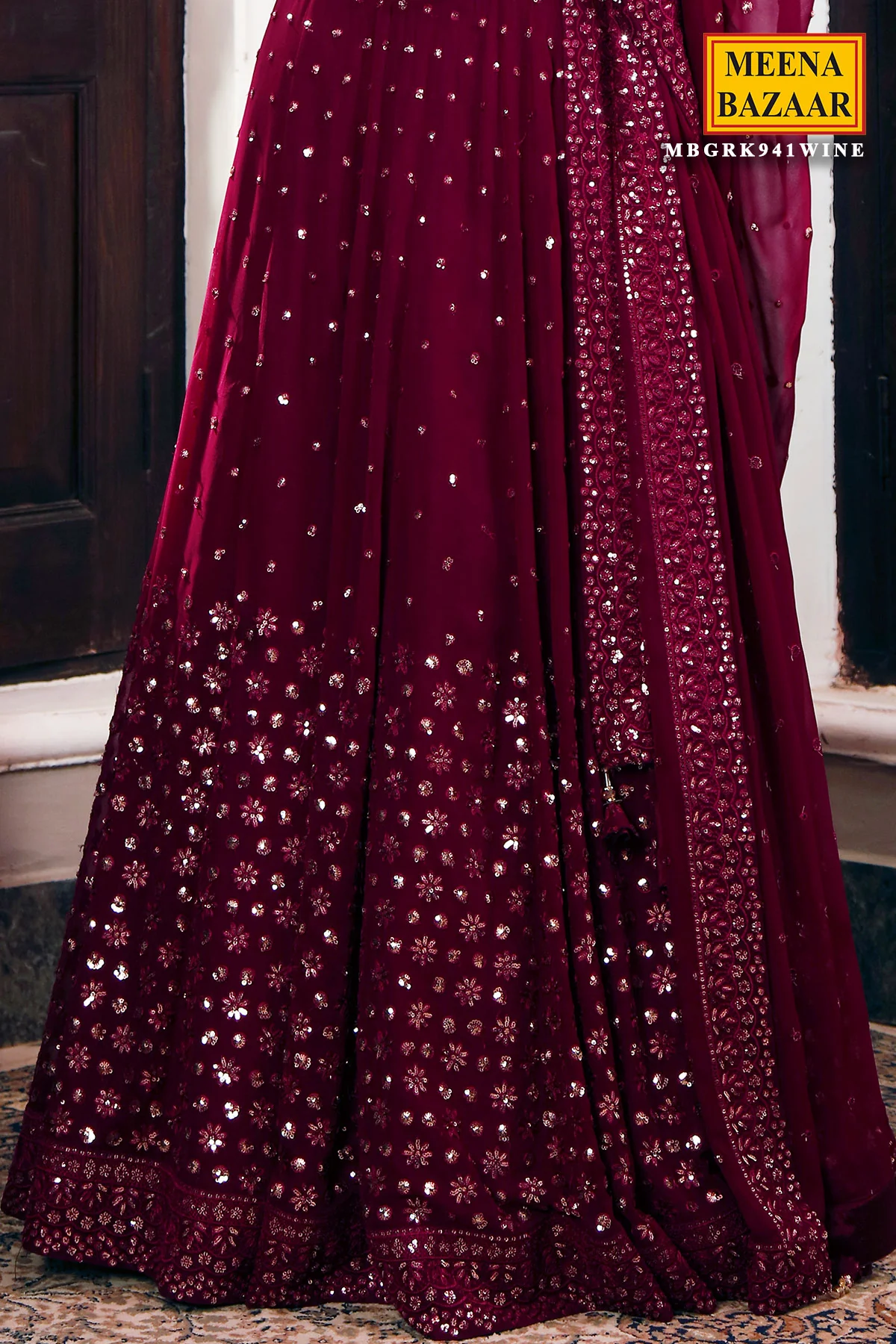 Wine Georgette Sequins Embroidered Lehenga - Image 3