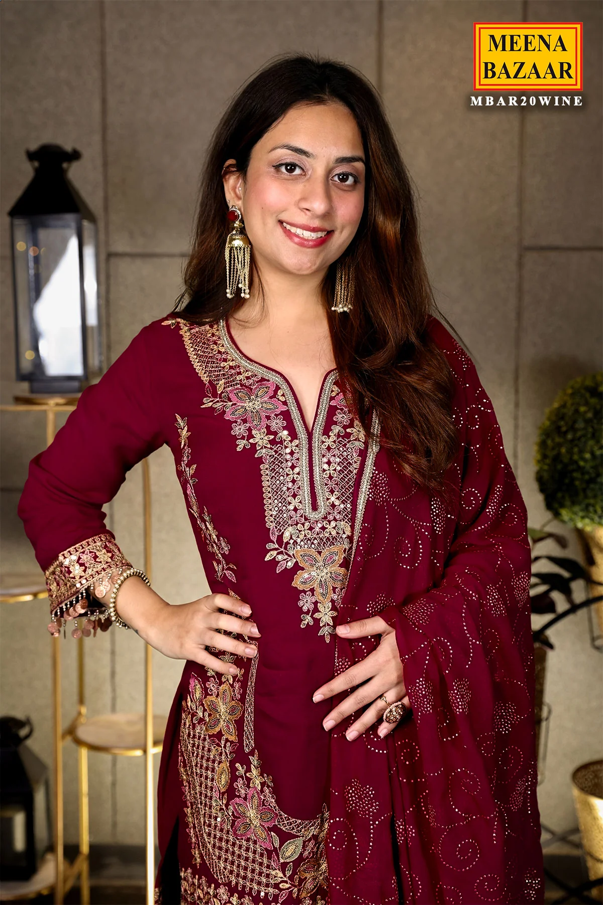 Wine Georgette Swarovski Embellished Thread Embroidered Sharara Suit - Image 2