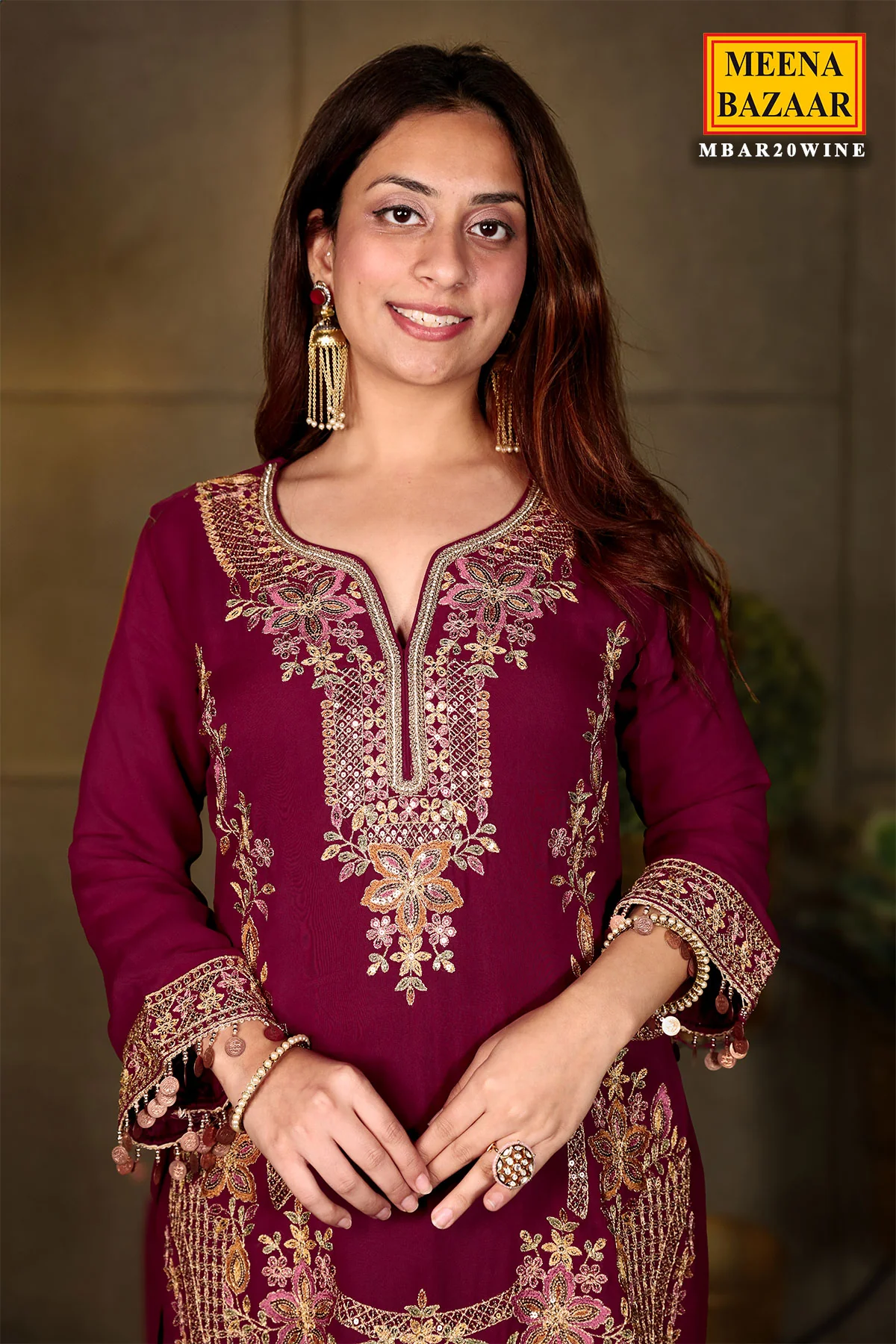 Wine Georgette Swarovski Embellished Thread Embroidered Sharara Suit - Image 3