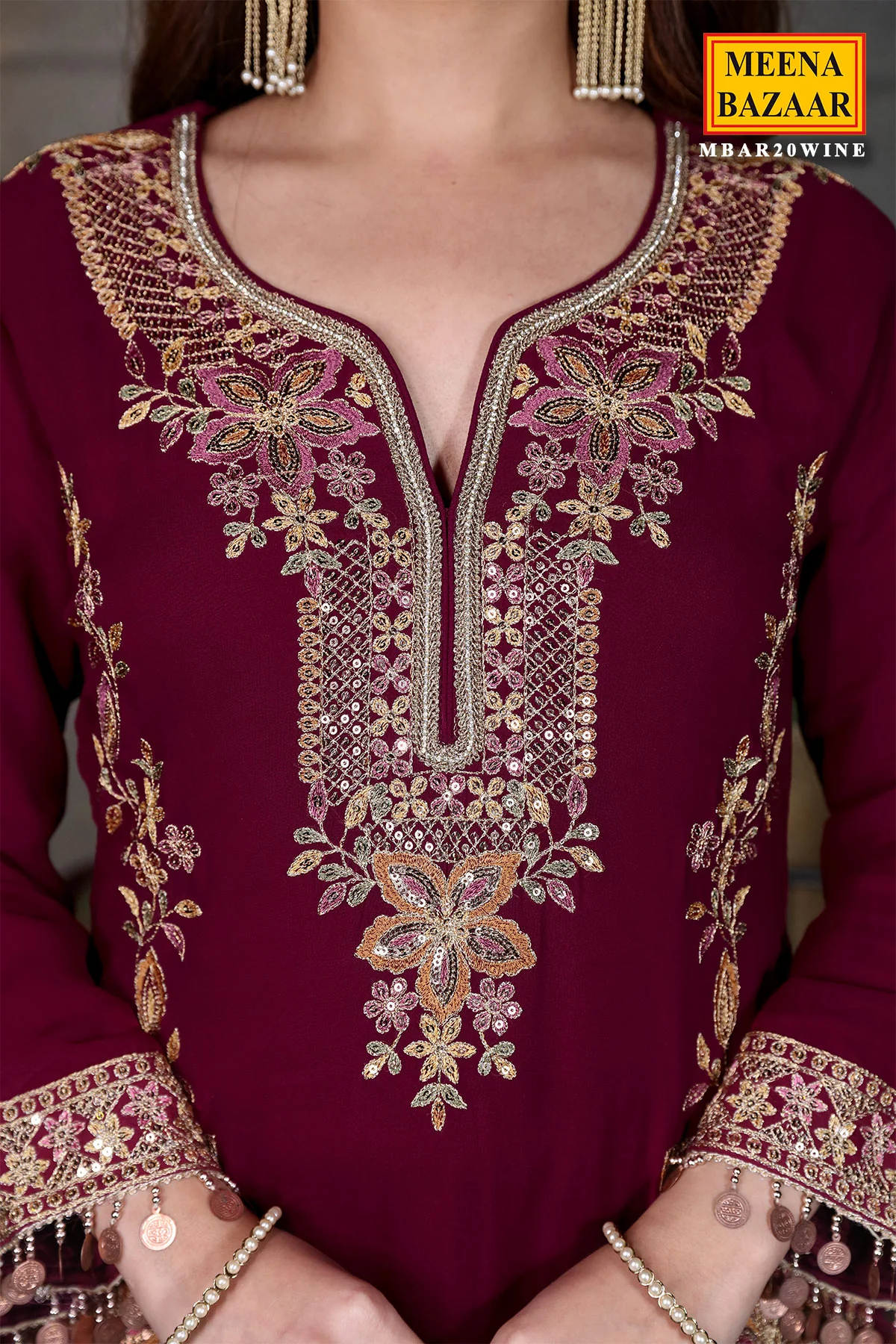 Wine Georgette Swarovski Embellished Thread Embroidered Sharara Suit - Image 4