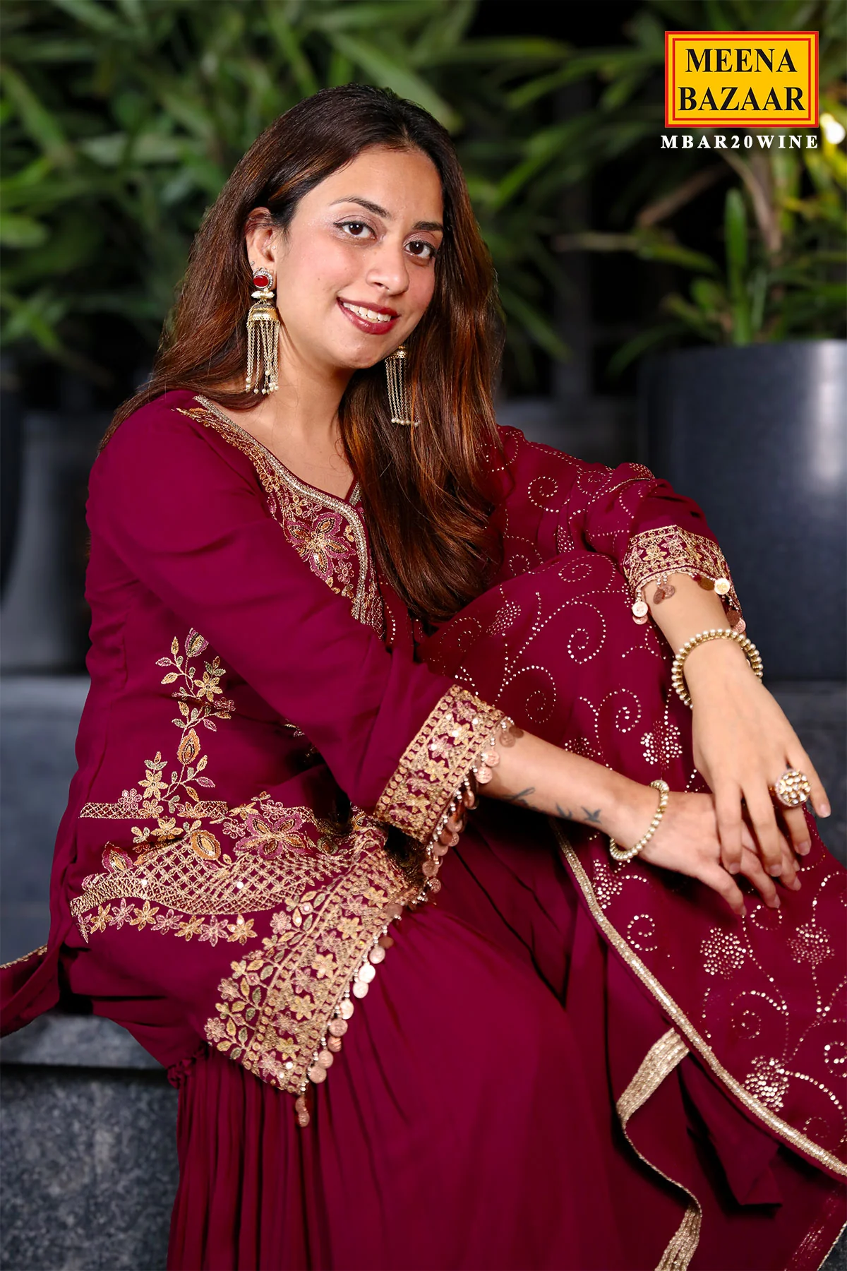 Wine Georgette Swarovski Embellished Thread Embroidered Sharara Suit - Image 5
