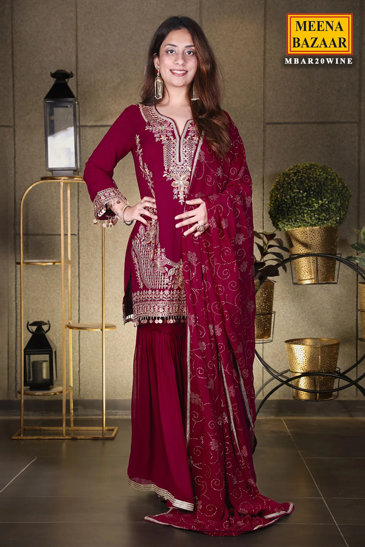 Wine Georgette Swarovski Embellished Thread Embroidered Sharara Suit - Image 6