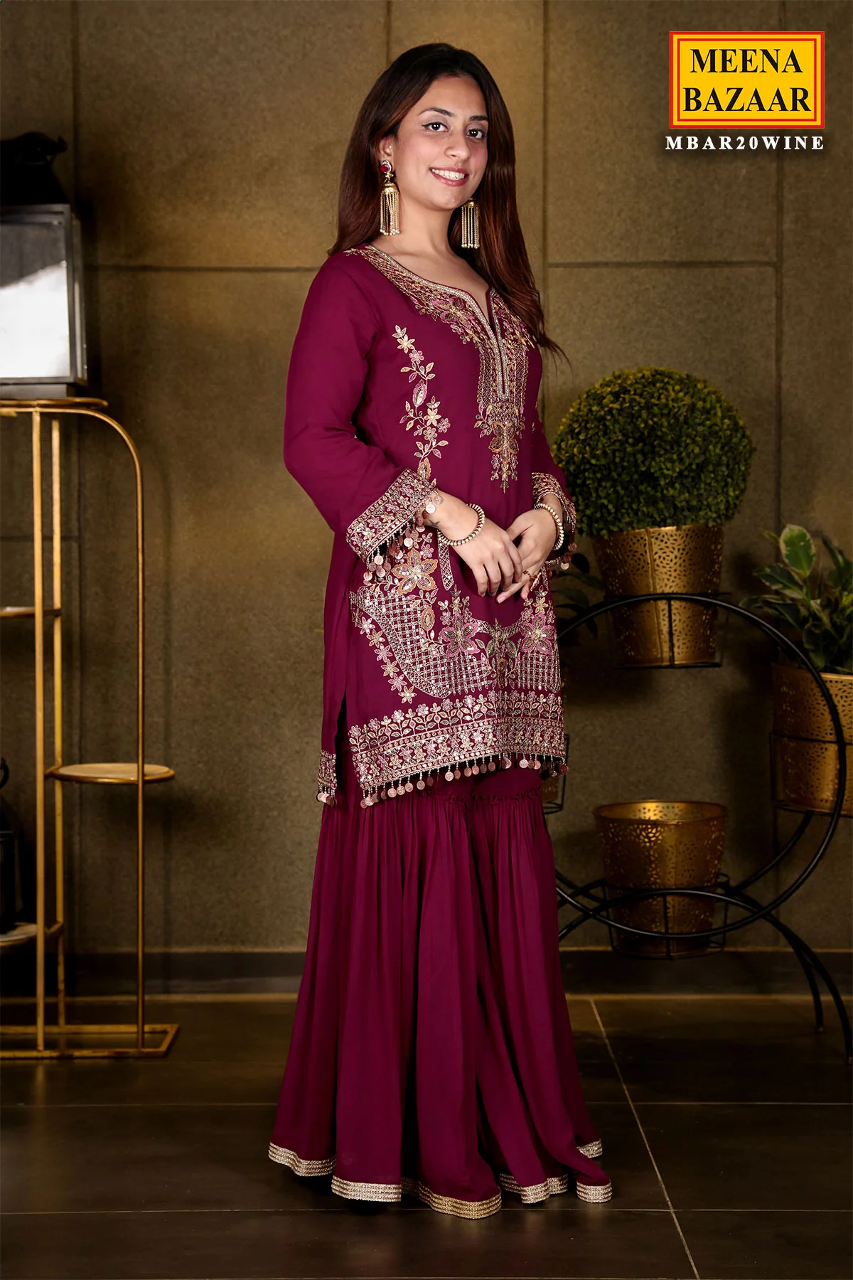 Wine Georgette Swarovski Embellished Thread Embroidered Sharara Suit - Image 7