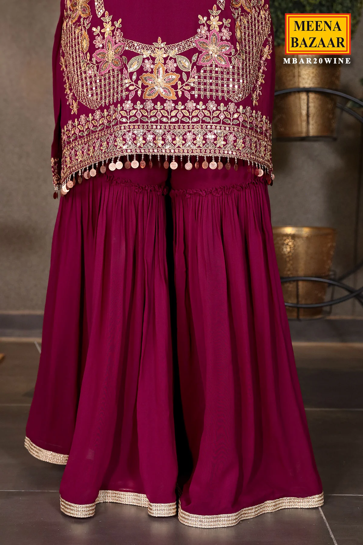 Wine Georgette Swarovski Embellished Thread Embroidered Sharara Suit - Image 8