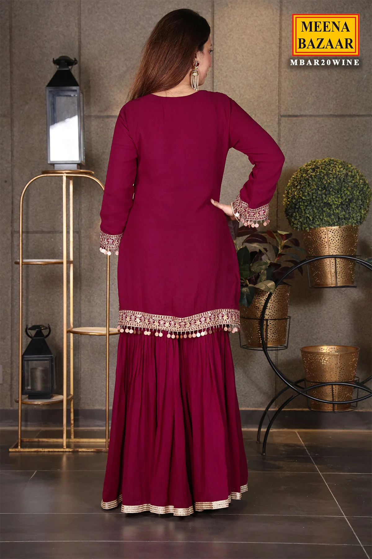 Wine Georgette Swarovski Embellished Thread Embroidered Sharara Suit - Image 9