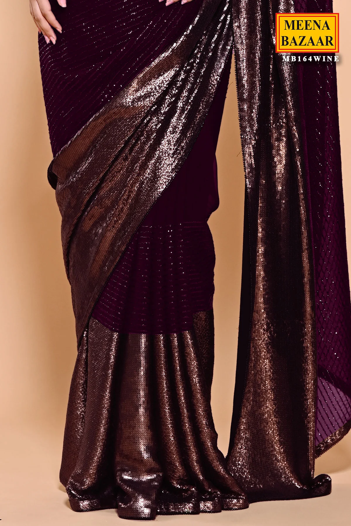 Wine Sequin Embroidered Georgette Saree - Image 3