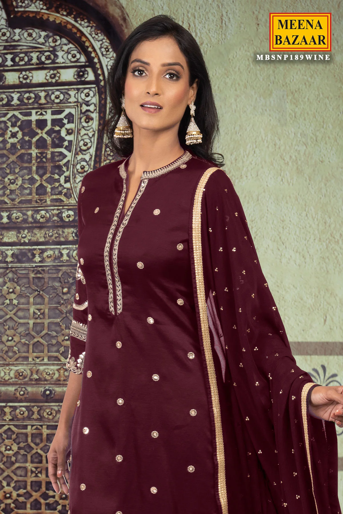 Wine Silk Gotta Patti Embroidered Unstitched Suit - Image 3