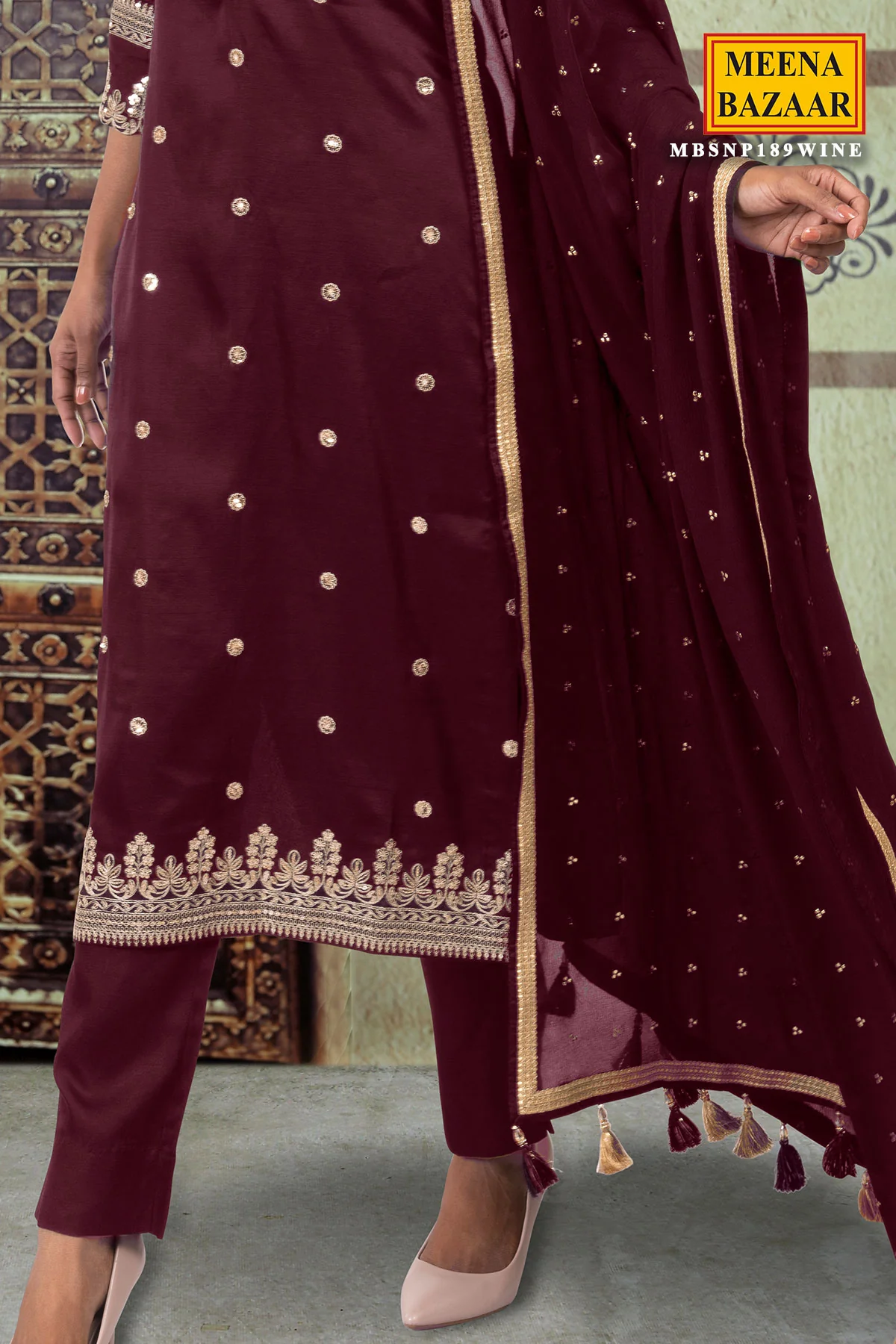 Wine Silk Gotta Patti Embroidered Unstitched Suit - Image 4