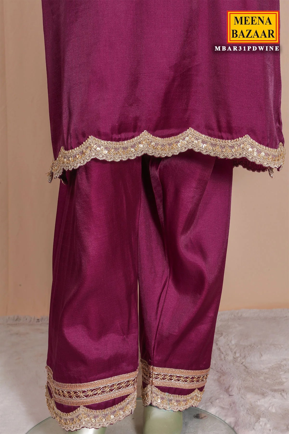 Wine Silk Ready Made Suit with Intricate Embroidery - Image 3