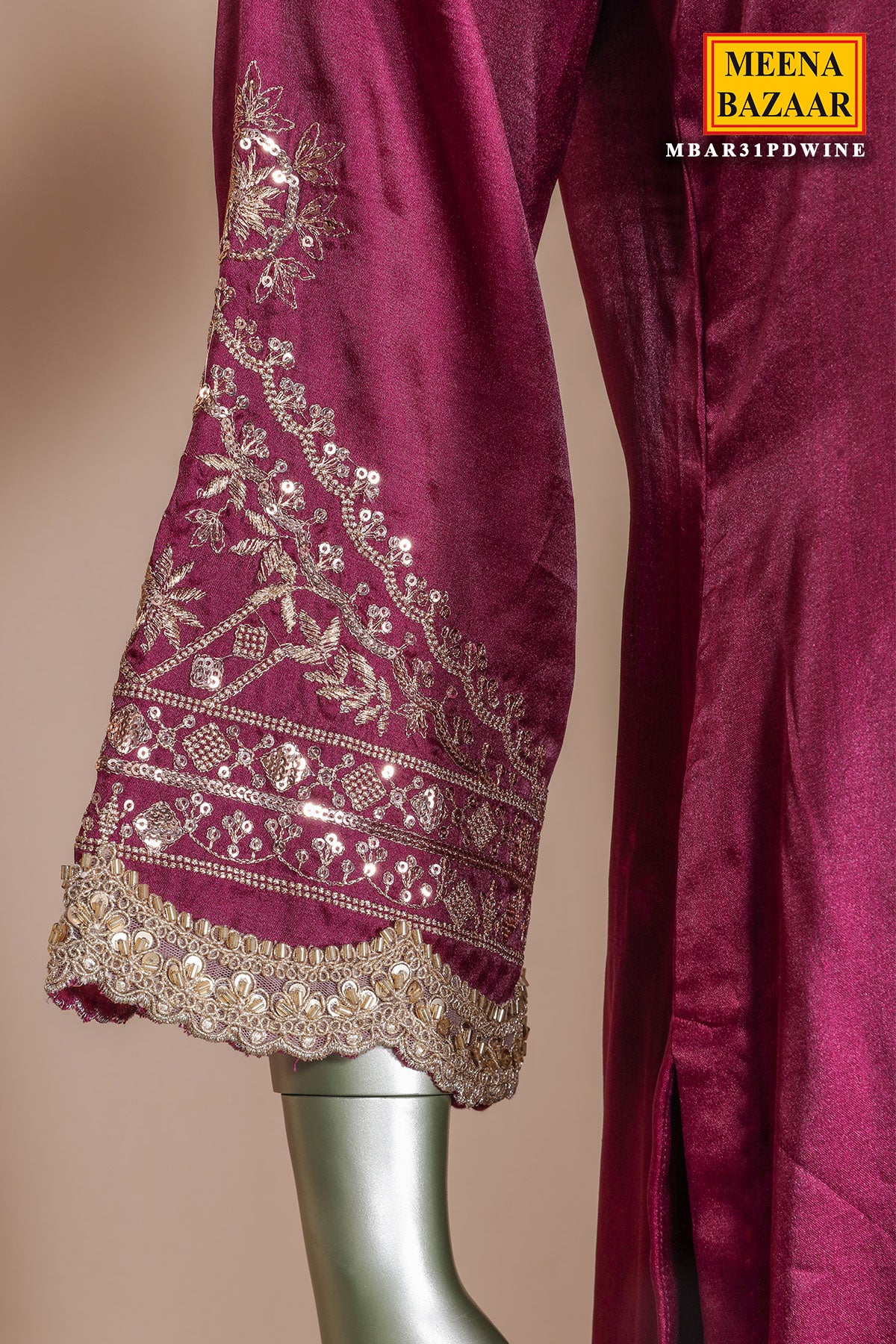 Wine Silk Ready Made Suit with Intricate Embroidery - Image 4