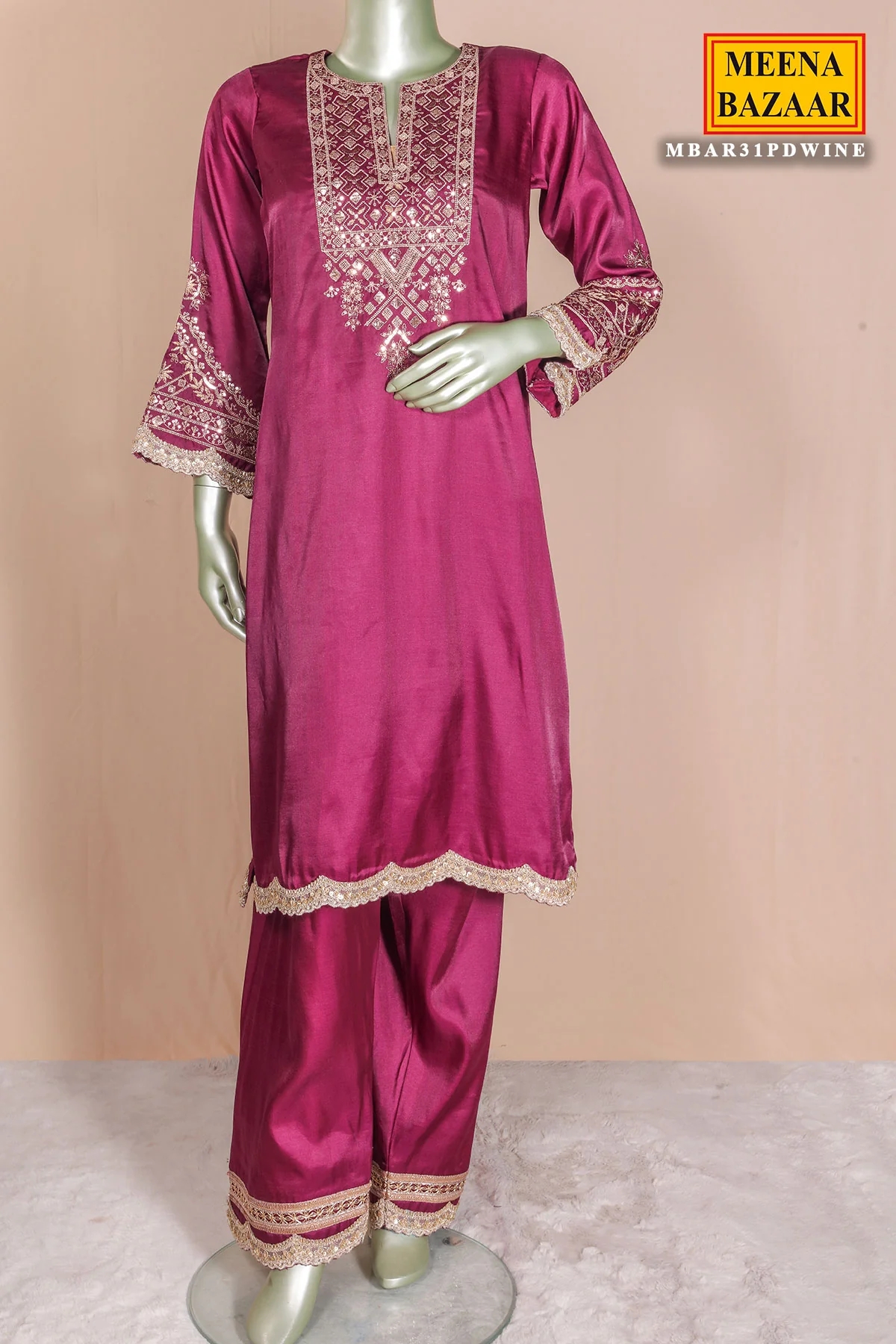 Wine Silk Ready Made Suit with Intricate Embroidery - Image 6